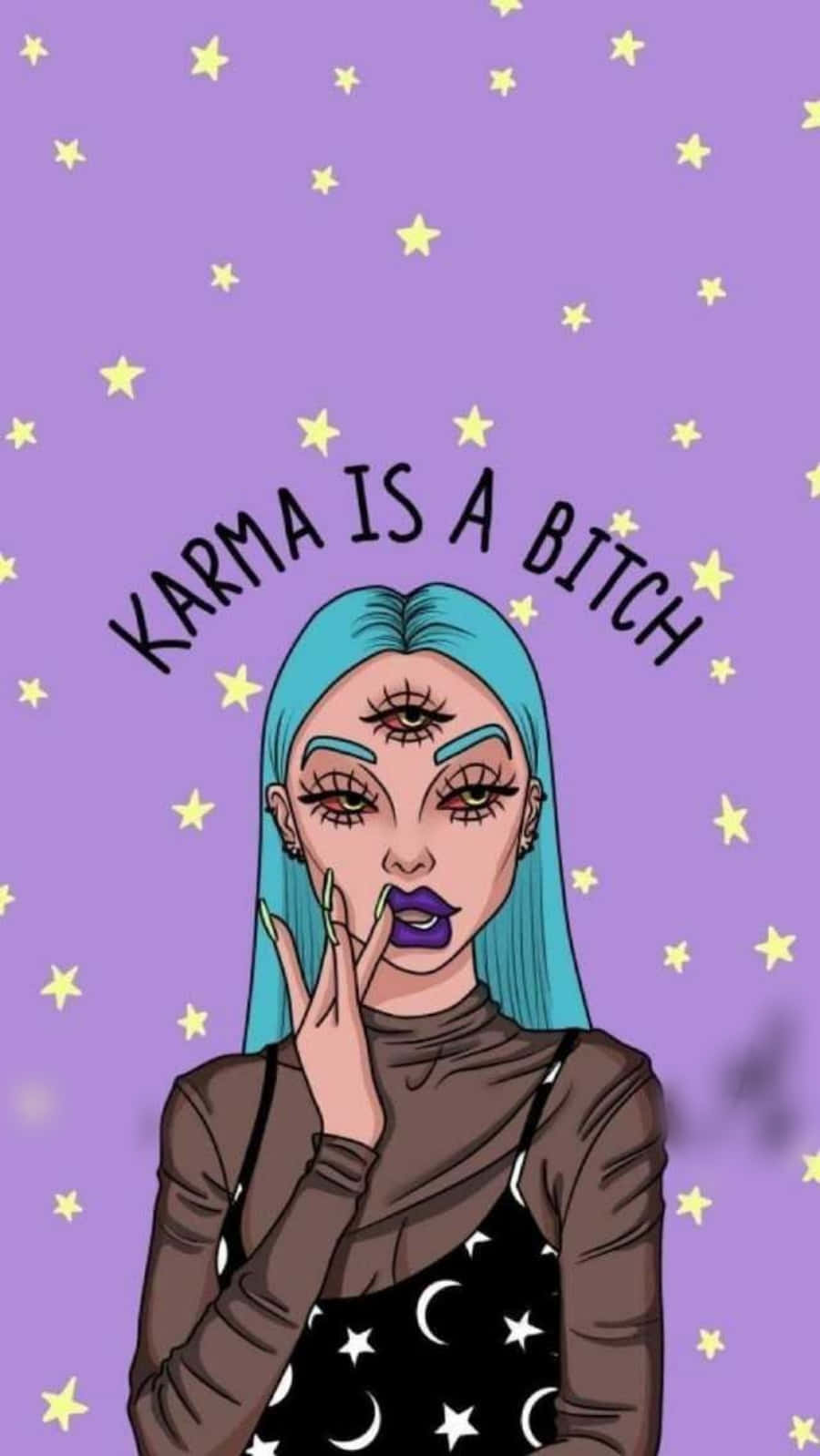 Baddie Profile 桌布 壁紙 — 一個風格化的插圖，描繪一位藍髮、擁有第三隻眼的女性，背景是紫色星空，並帶有文字 karma is a bitch。