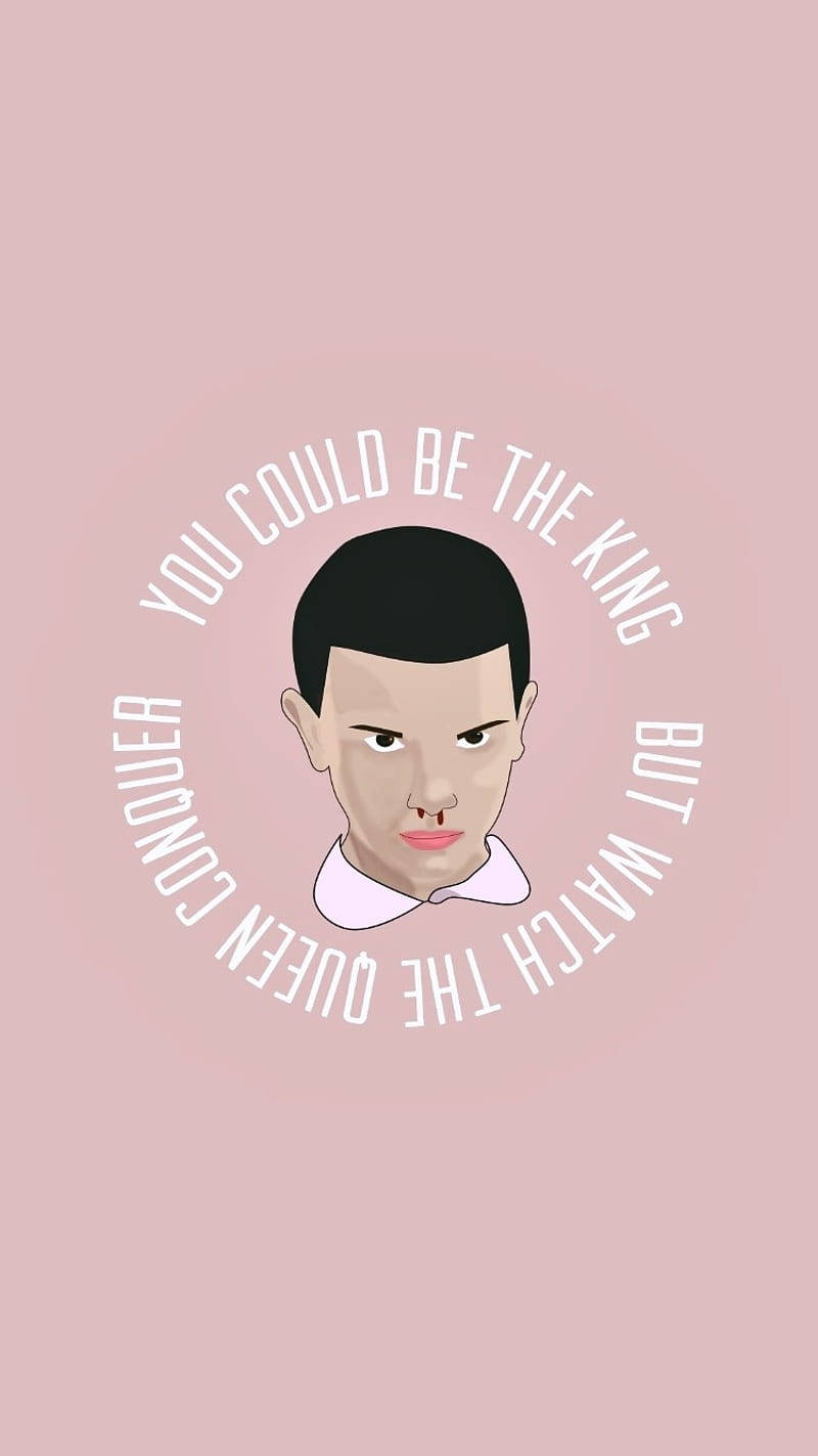 Stranger Things Aesthetic 桌布 壁紙 — 一個風格化的插圖，描繪一位表情嚴肅的年輕男子，被激勵性文字環繞，背景為柔和粉紅色。