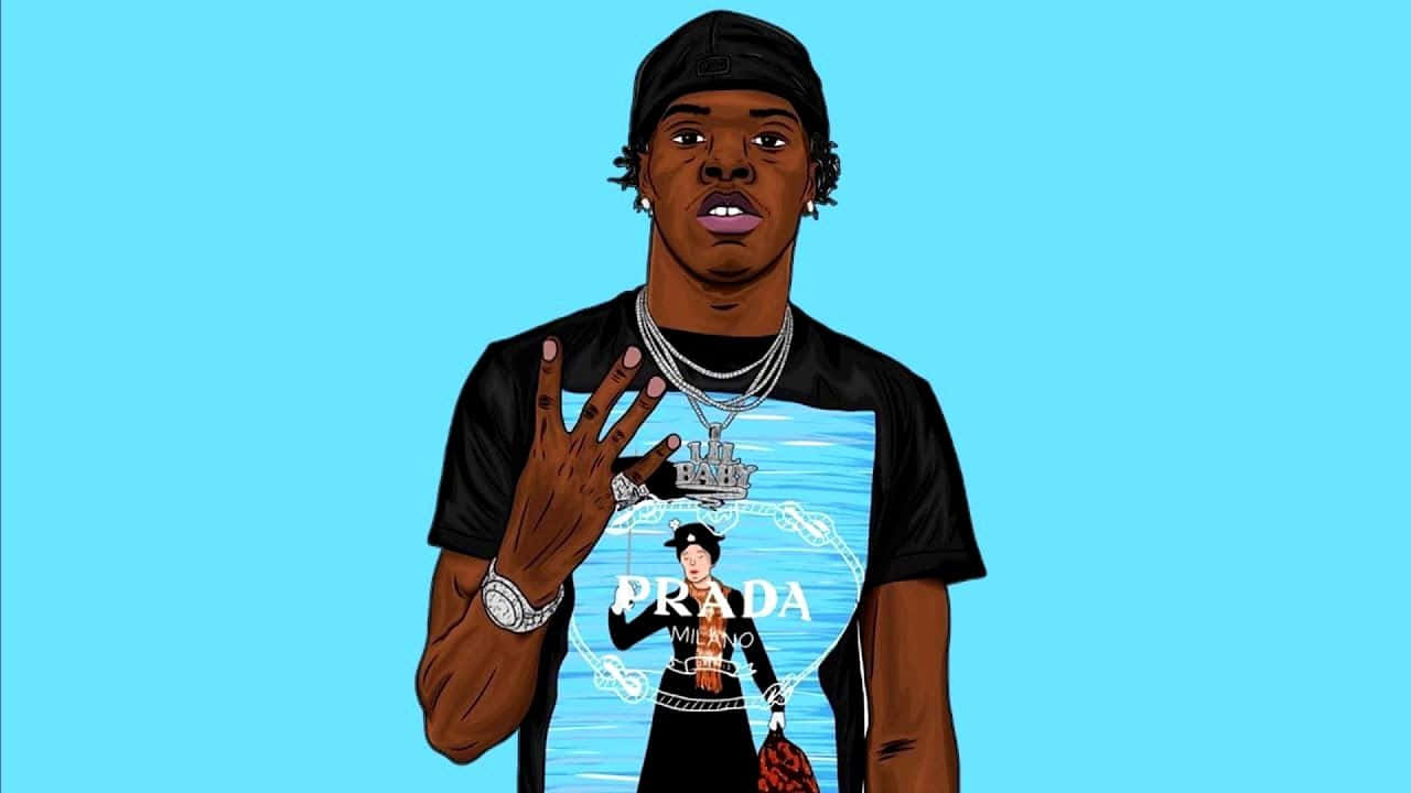 Rappers 桌布 壁紙 — 一個風格化的插圖，描繪一位身穿印有Prada圖案的黑色T恤、佩戴多層項鍊的年輕男子，背景為純藍色。