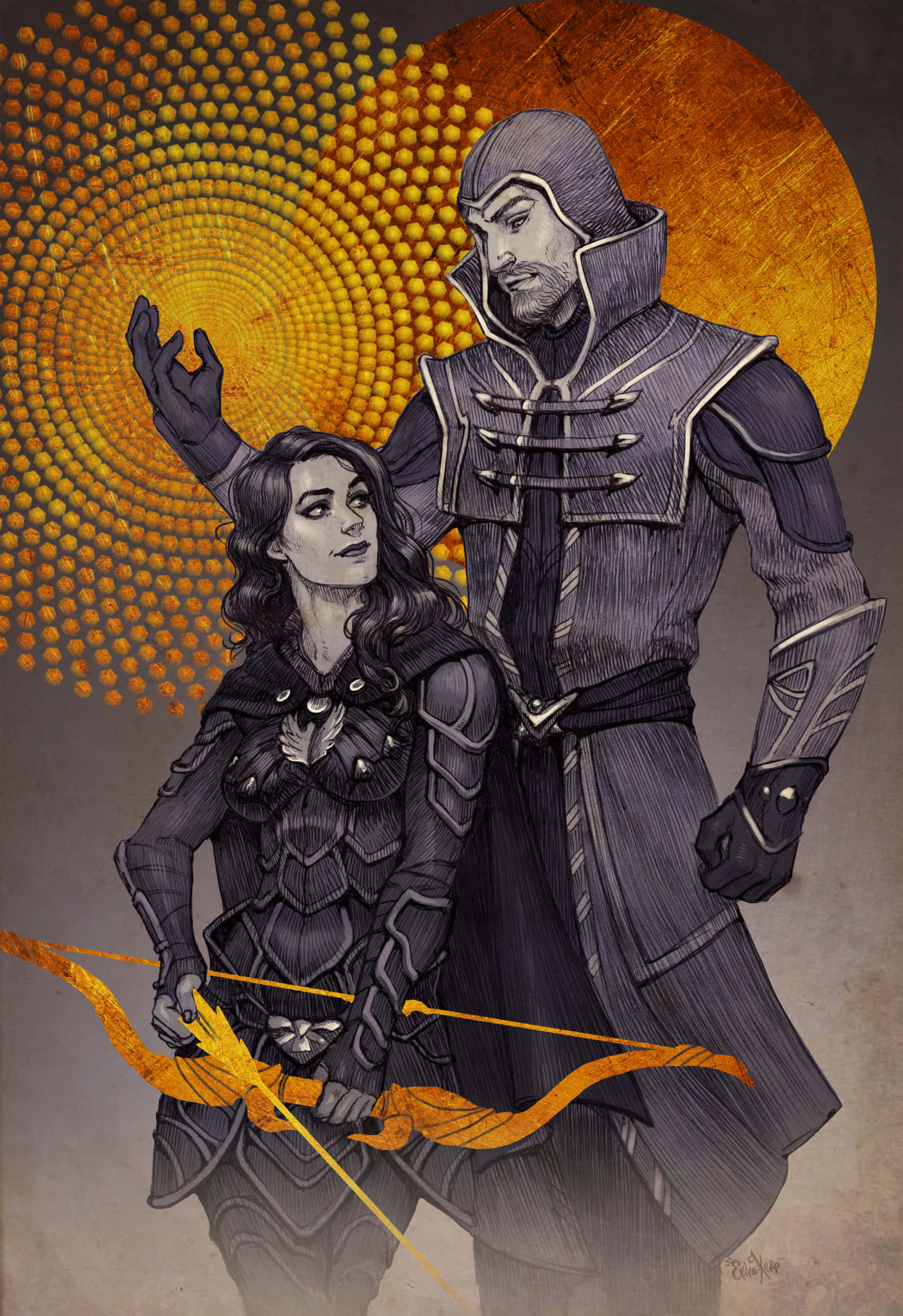 Skyrim Brynjolf 桌布 壁紙 — 一個風格化的插圖，描繪一位身穿暗色盔甲的女弓箭手和男戰士，站在光芒四射的金色太陽前。