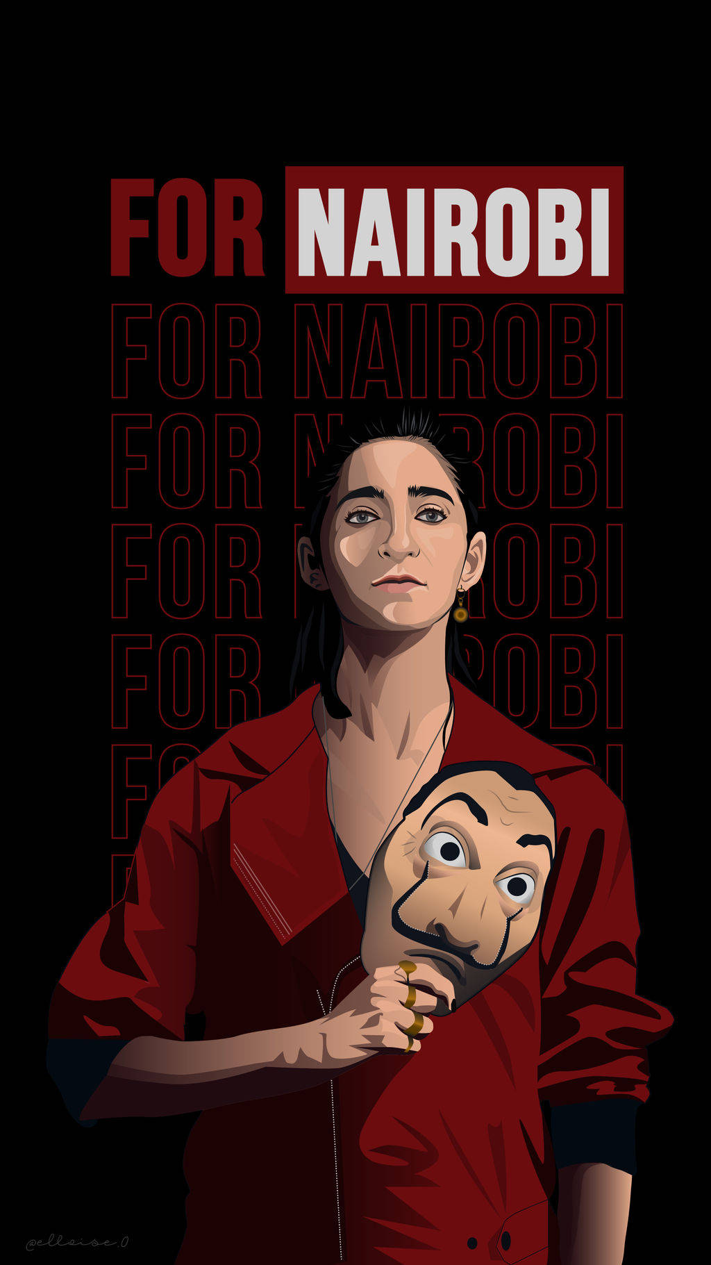 nairobi money heist 桌布 壁紙 — 一個風格化的插圖，描繪一位身穿紅色外套的女性，手持薩爾瓦多·達利面具，背景為黑色並帶有重複文字。