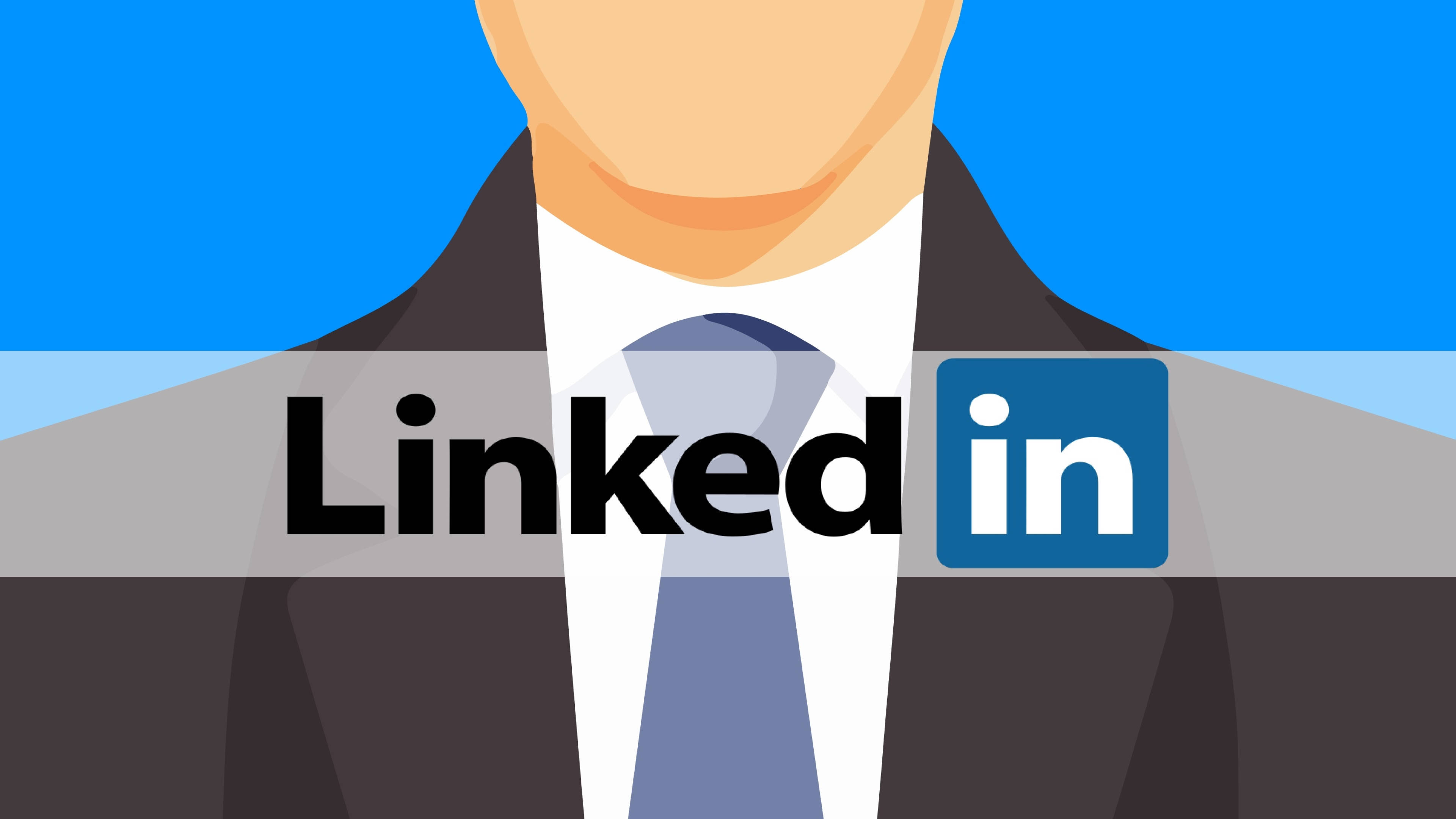 Linkedin 桌布 壁紙 — 一個風格化的插圖，描繪一位身穿西裝的商人，胸前顯眼地展示著LinkedIn標誌。