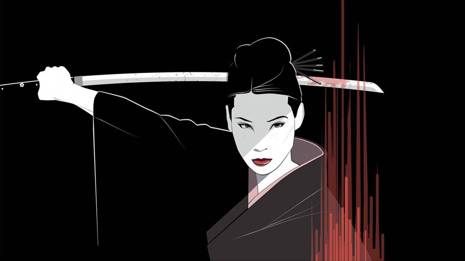 Kill Bill 桌布 壁紙 — 一個風格化的插圖，描繪一位身穿黑色和服的女武士，在帶有紅色條紋的深色背景前手持武士刀。
