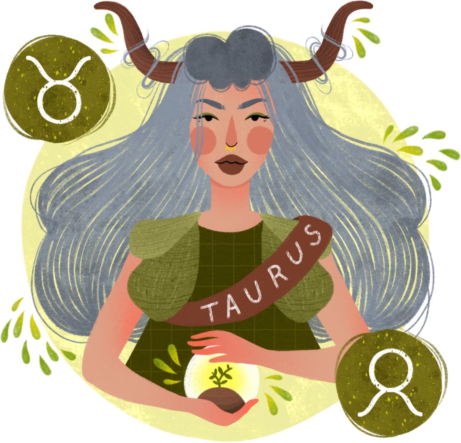 taurus 桌布 壁紙 — 一個風格化的插圖，描繪一位金牛座女性，頭上有角，頭髮飄逸，手持發光的幼苗。