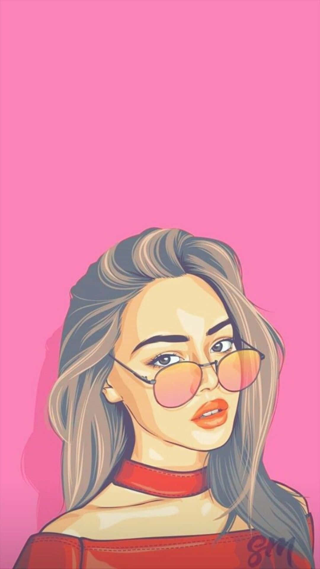 Cute Girly Girl 桌布 壁紙 — 一個風格化的插圖，描繪一位金髮女性戴著粉紅色太陽眼鏡，背景為純粉紅色。