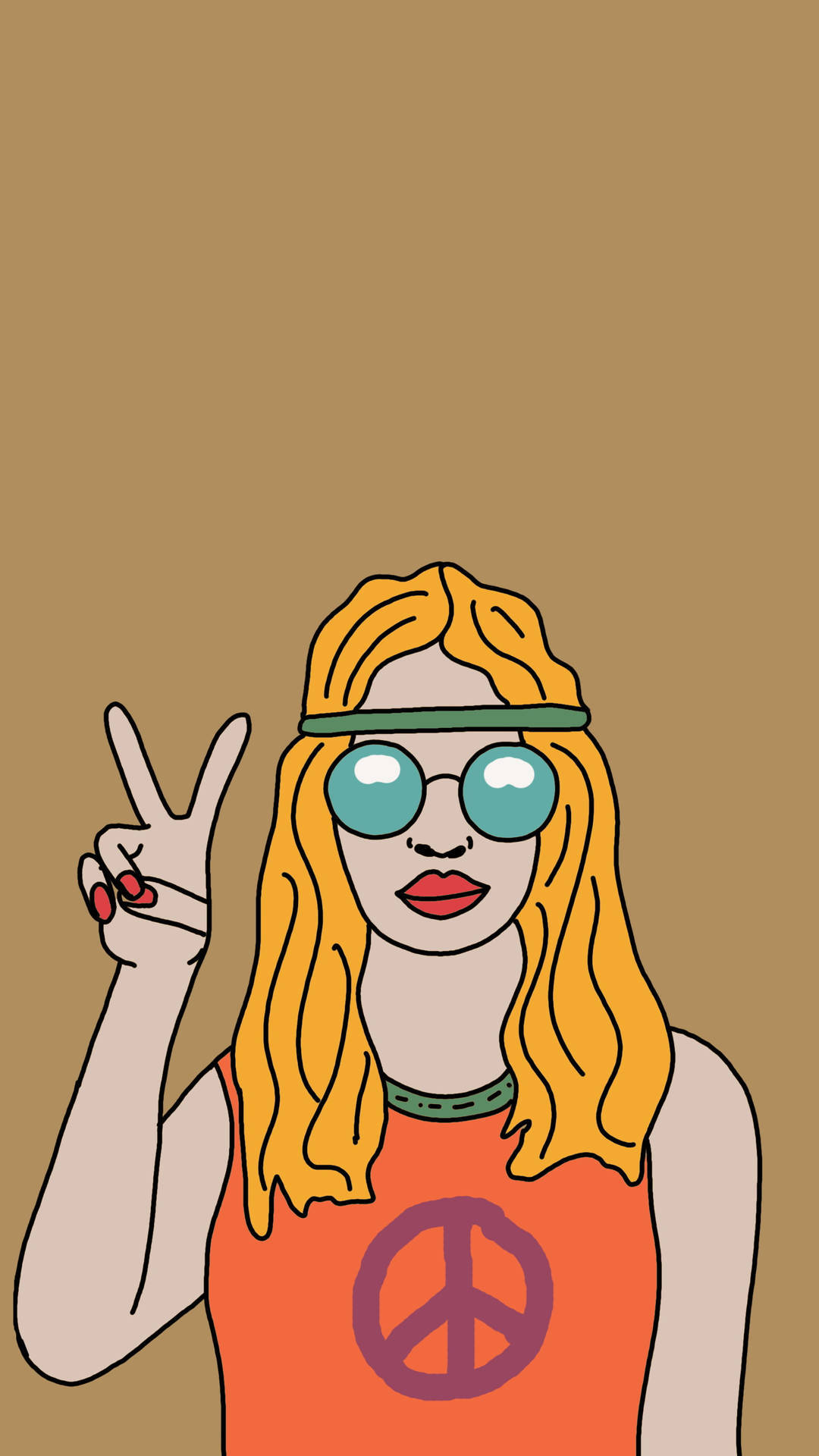 嬉皮 桌布 壁紙 — 一個風格化的插圖，描繪一位金髮女性戴著和平標誌太陽眼鏡和橙色背心，做出和平手勢。