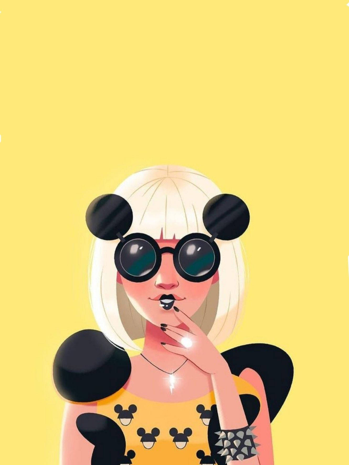lady 桌布 壁紙 — 一個風格化的插圖，描繪一位金髮女性戴著米奇老鼠耳朵和太陽眼鏡，背景為純黃色。