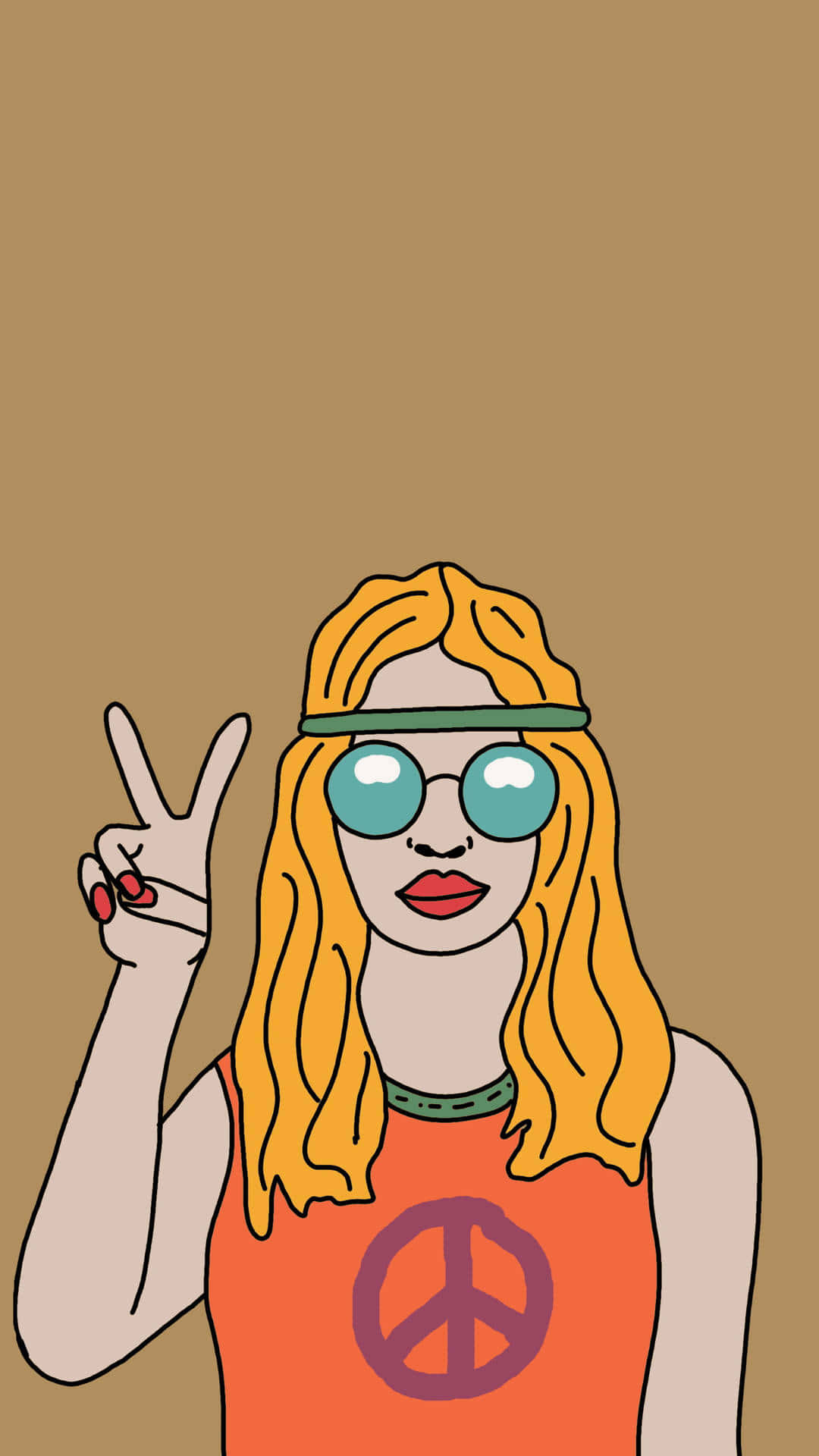 嬉皮 桌布 壁紙 — 一個風格化的插圖，描繪一位金髮女性戴著太陽眼鏡，穿著和平標誌T恤，做出和平手勢。