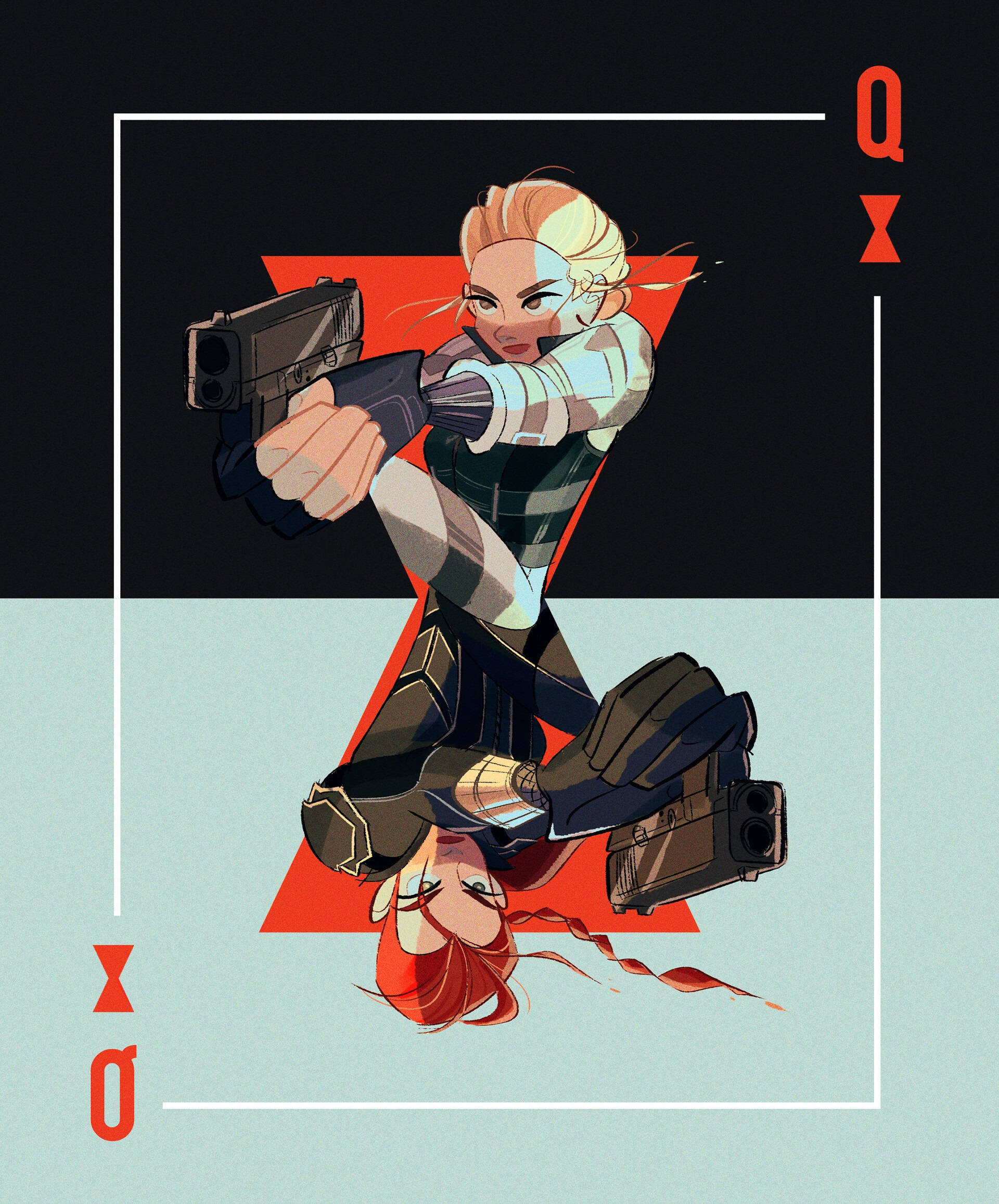 Yelena 桌布 壁紙 — 一個風格化的插圖，描繪一位金髮女性穿著戰鬥裝備，瞄準一把手槍，身後有一個紅色三角形，背景為黑色和淺藍色。