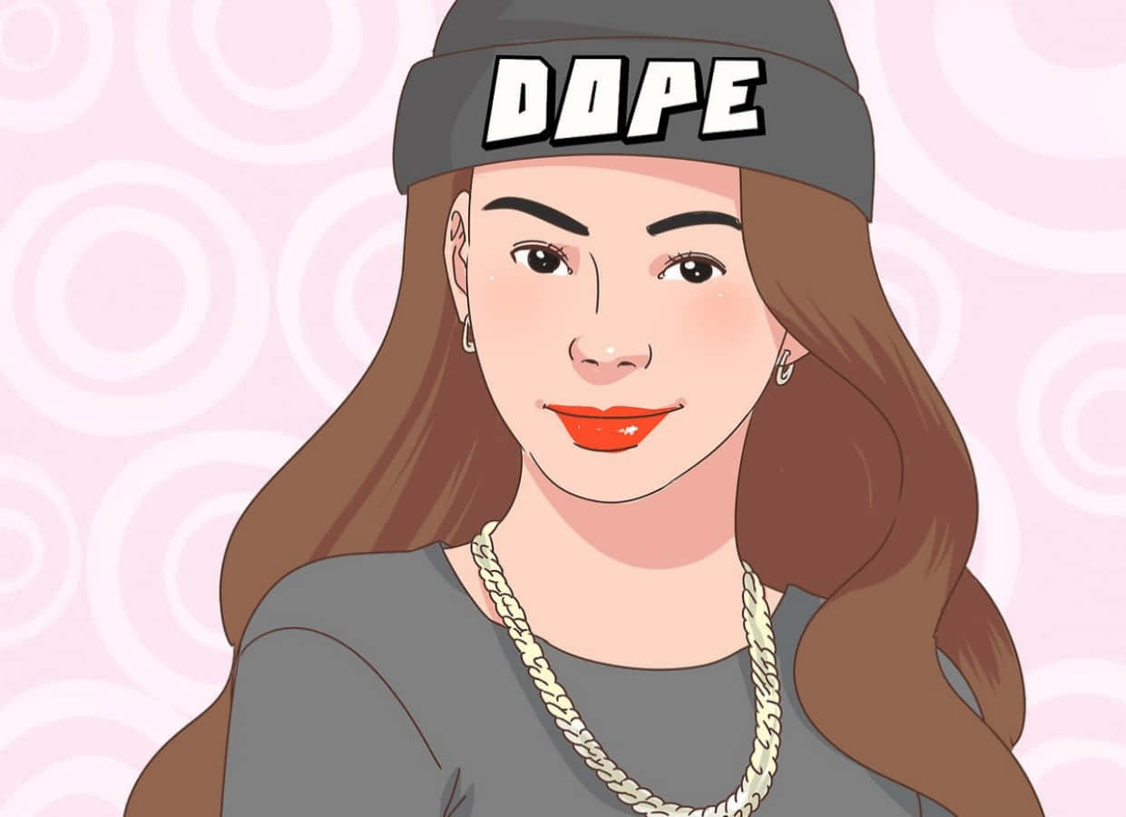 時尚感 桌布 壁紙 — 一個風格化的插圖，描繪一位長棕色頭髮的女性，戴著灰色無邊帽，上面有「DOPE」字樣，以及一條粗金鏈，背景是粉紅色圓形圖案。