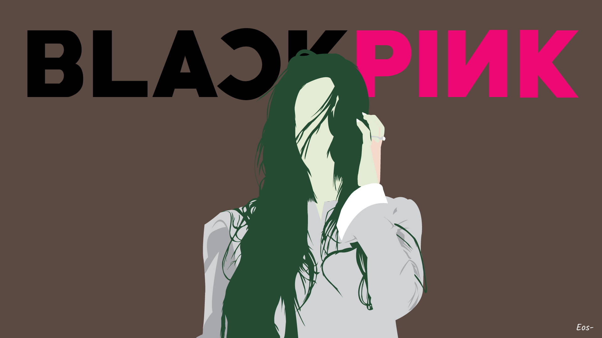 Jennie 桌布 壁紙 — 一個風格化的插圖，描繪一位長著綠色長髮遮住臉部的女性，背景為棕色，帶有粗體黑色和粉紅色的「BLACKPINK」文字。