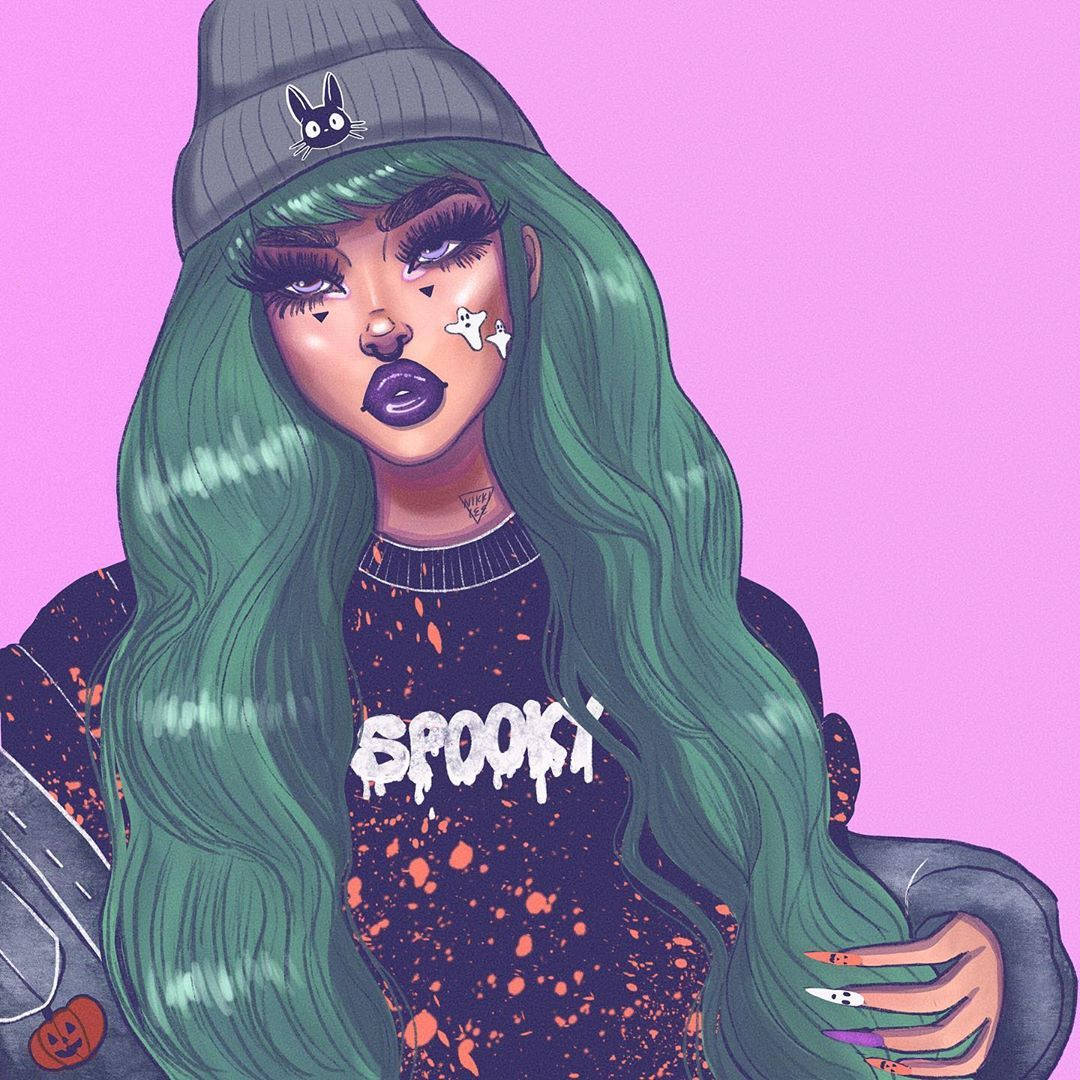綠色頭髮的女性，穿著詭異的萬聖節服裝，背景為粉紅色。 — 壞女孩 GIF 壁紙