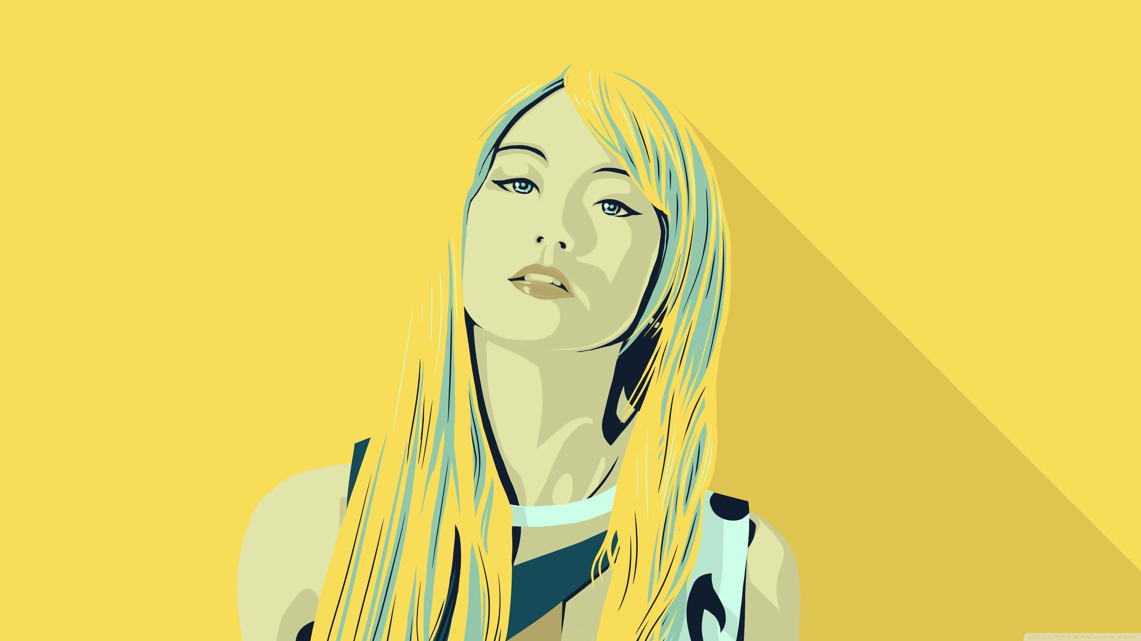 Girl Aesthetic 桌布 壁紙 — 一個風格化的插圖，描繪一位長金髮的女性，背景為純黃色並帶有強烈的陰影。