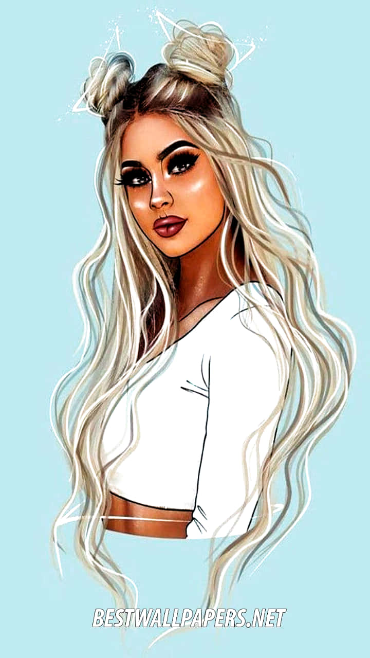 Cute Girly Girl 桌布 壁紙 — 一個風格化的插圖，描繪一位長金髮雙丸子頭的女性，背景為柔和藍色。