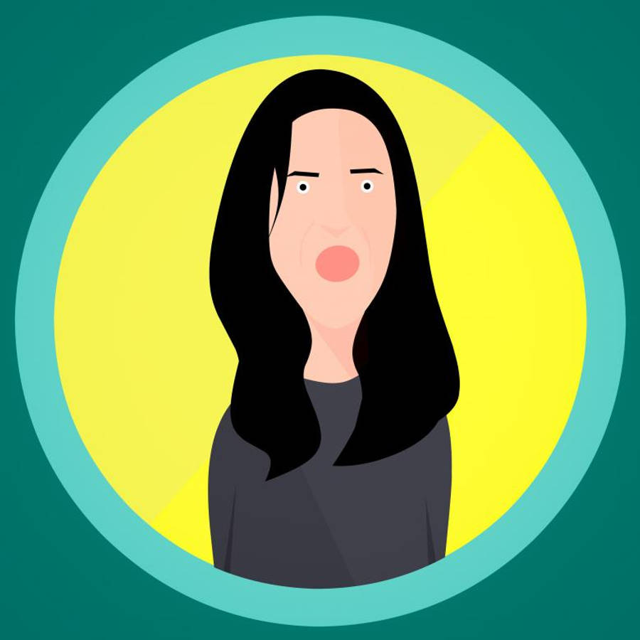 Angry 桌布 壁紙 — 一個風格化的插圖，描繪一位長黑髮、張開嘴的女性，背景是青色上的黃色圓圈。
