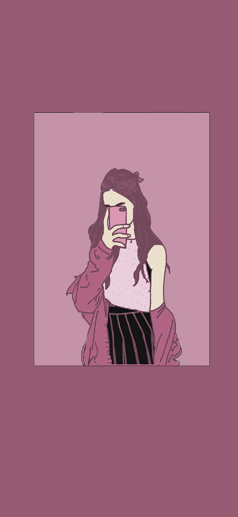 女孩感手機 桌布 壁紙 — 一個風格化的插圖，描繪一位長黑髮女性在柔和粉紅色背景下用粉紅色手機自拍。