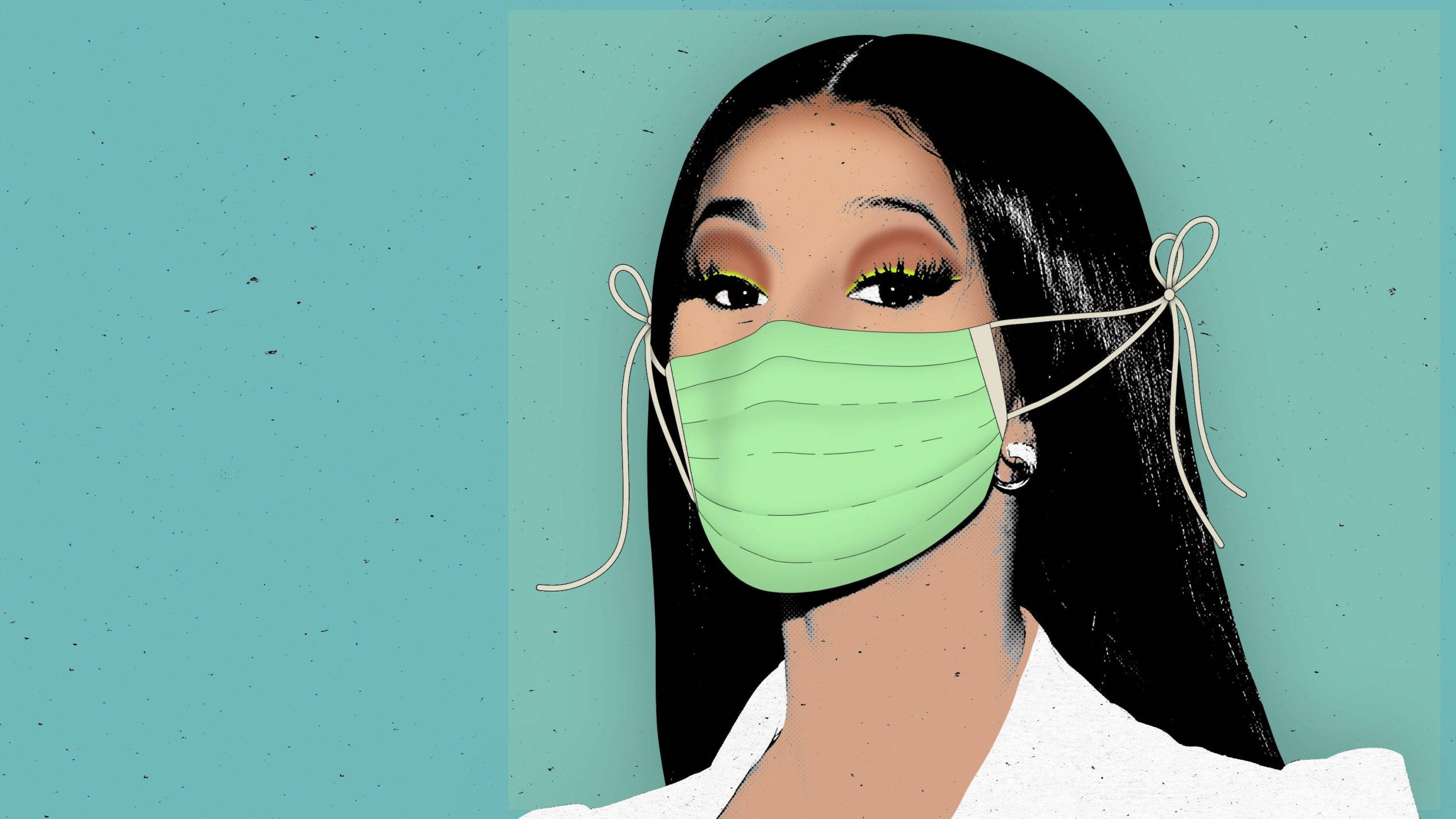 cardi 桌布 壁紙 — 一個風格化的插圖，描繪一位長黑髮的女性，在帶有紋理的青綠色背景上戴著淺綠色口罩。