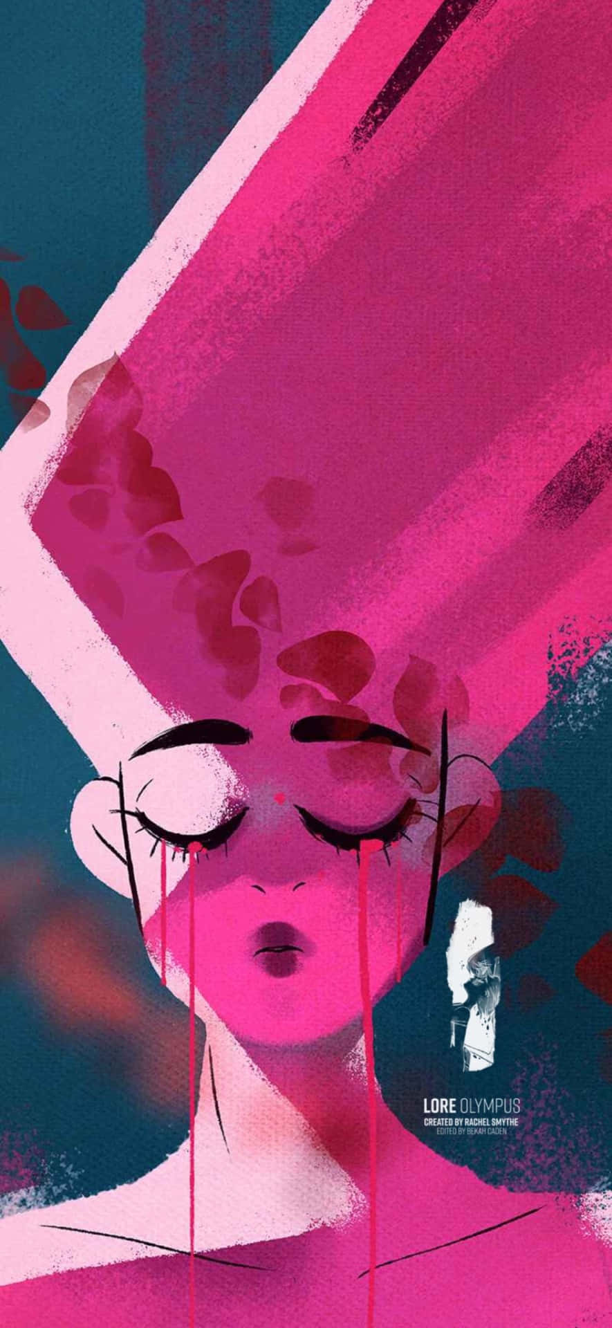 藝術 桌布 壁紙 — 一個風格化的插圖，描繪一位閉著眼睛、粉紅色淚水順著臉頰流下的女性，背景為青綠色和洋紅色。