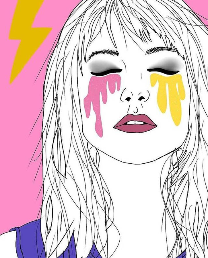 Hayley Williams 桌布 壁紙 — 一個風格化的插圖，描繪一位閉著眼睛的女性，彩色淚水順著臉頰流下，背景為粉紅色，帶有黃色閃電。
