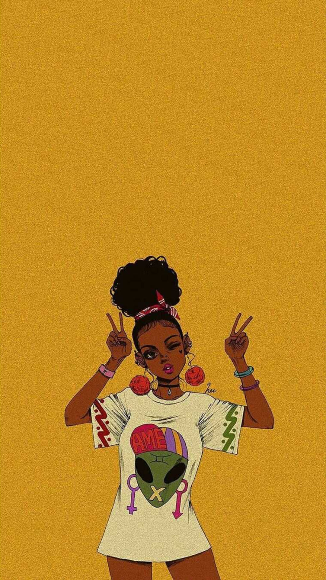iPhone 桌布 壁紙 — 一個風格化的插圖，描繪一位非裔女性，留著非洲式髮型，穿著外星主題襯衫，在純芥末黃色背景上做出和平手勢。