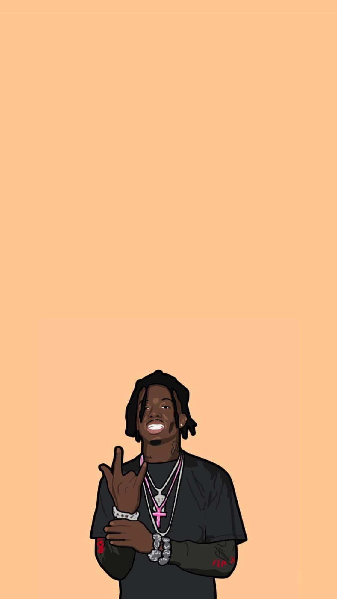 Playboi Carti HD 桌布 壁紙 — 一個風格化的插圖，描繪一位面帶微笑、留著辮子髮型的男子，在純蜜桃色背景前做出手勢。