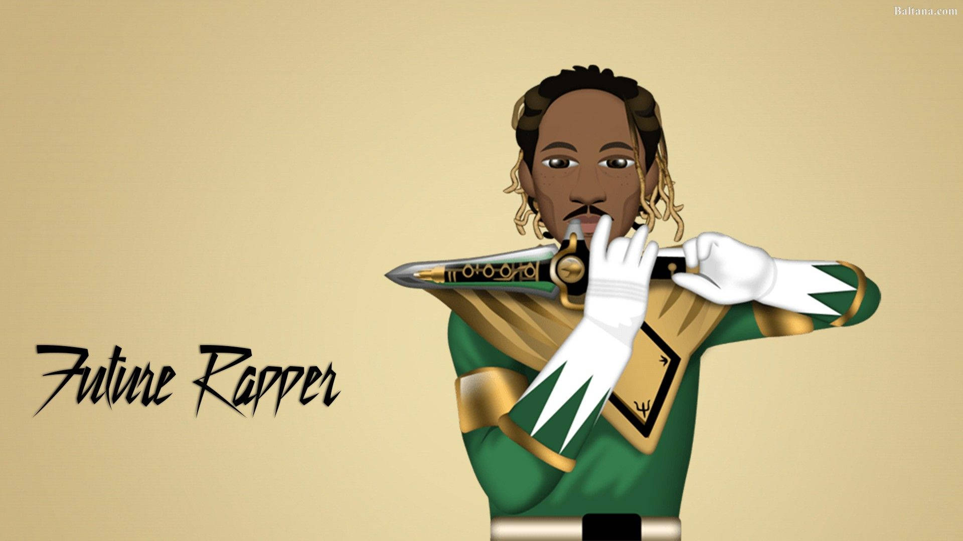 Future Rapper 桌布 壁紙 — 一個風格化的插圖，描繪一位饒舌歌手穿著綠色和金色的超級英雄服裝，胸前握著一把劍。