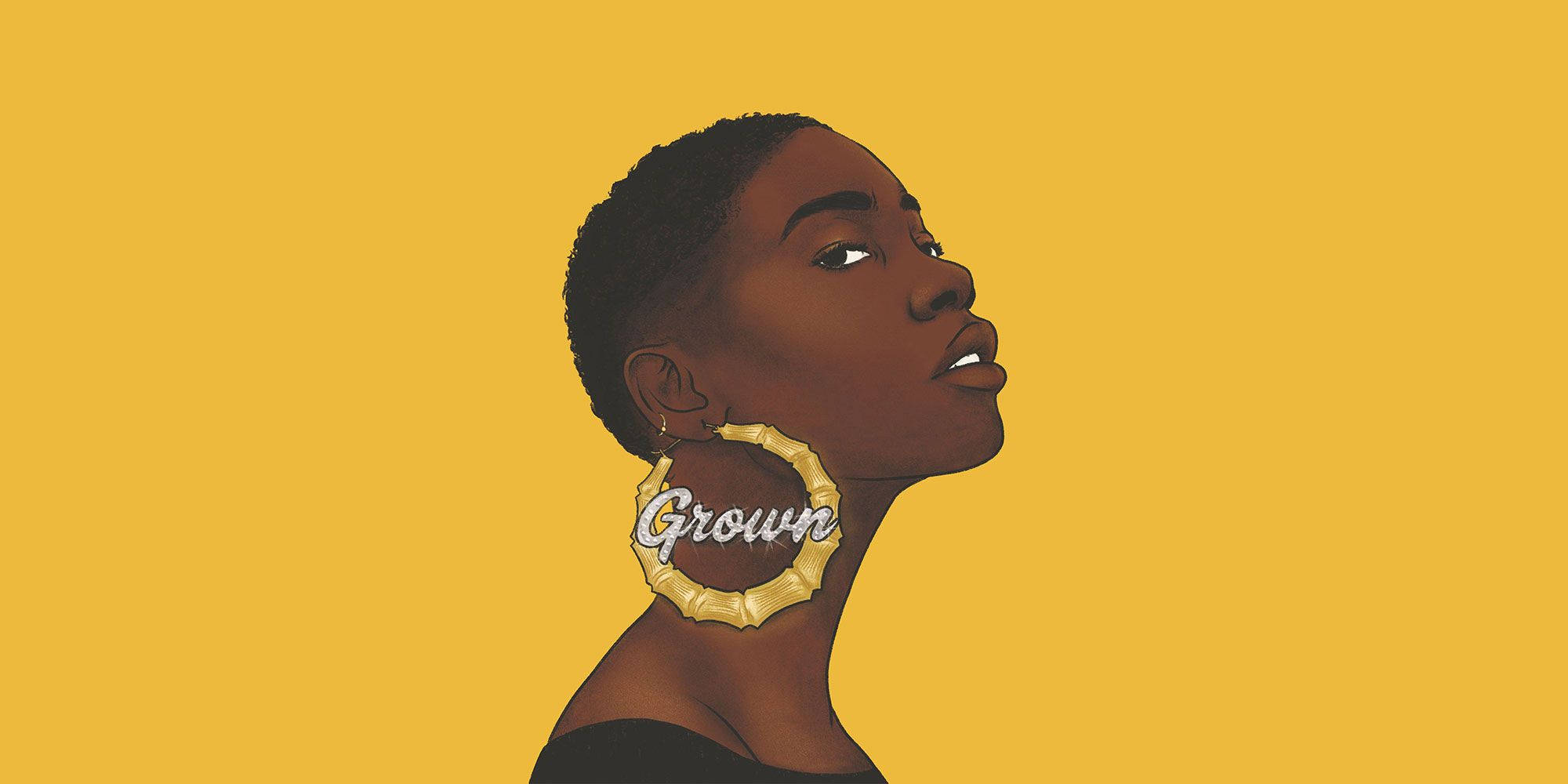 Black Girl 桌布 壁紙 — 一個風格化的插圖，描繪一位黑人女性側面，戴著大型耳環，上面有「Grown」字樣，背景為純黃色。