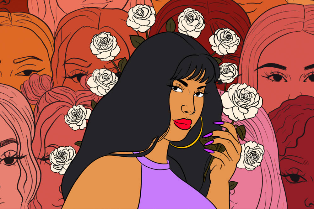 Selena Quintanilla 桌布 壁紙 — 一個風格化的插圖，描繪一位黑髮紅唇的女性手持白玫瑰，周圍環繞著暖色調的臉孔和玫瑰。