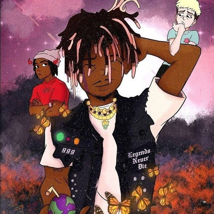 一個中央人物與蝴蝶和兩個較小角色在宇宙場景中的插圖。 — Juice Wrld 壁紙