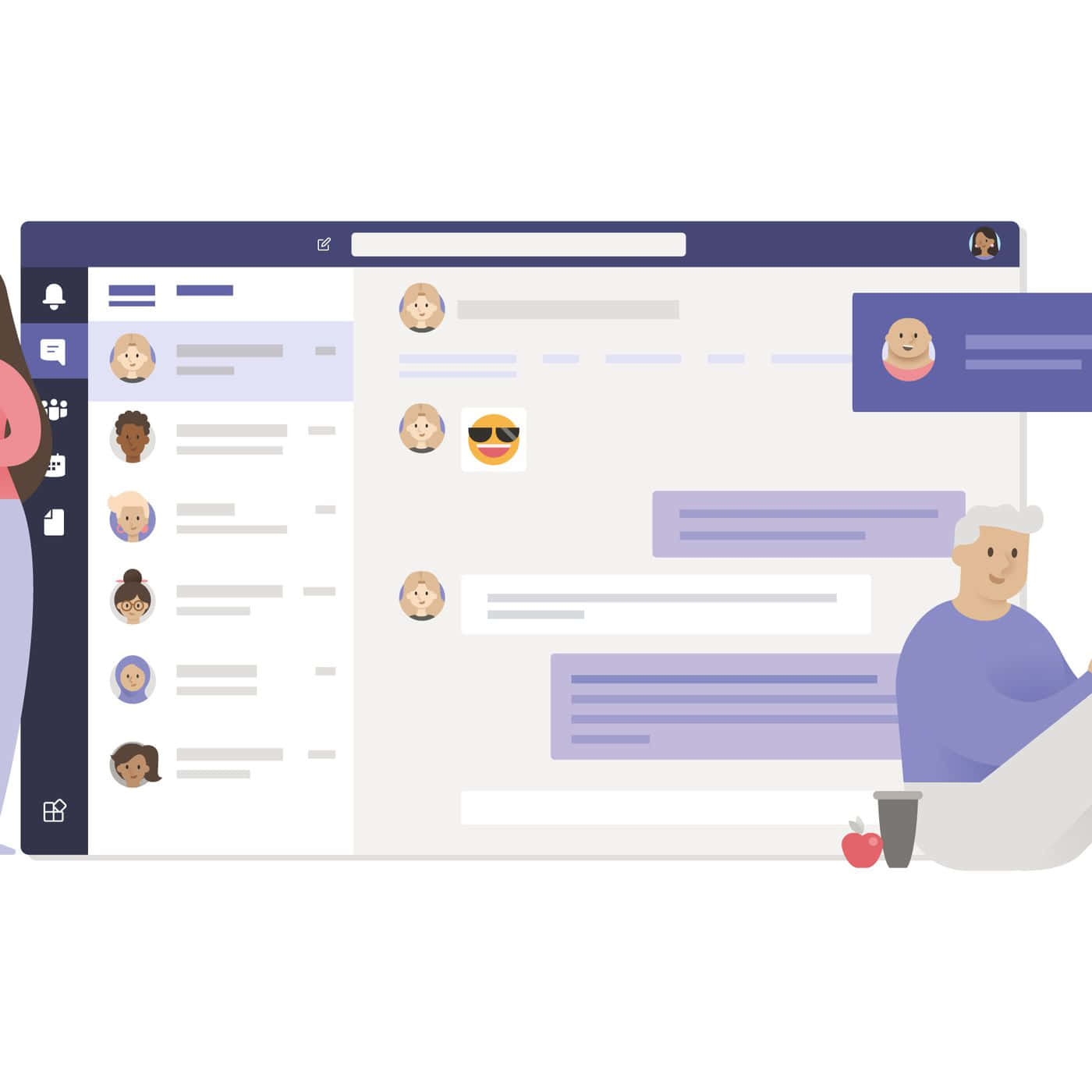 Microsoft Teams 桌布 壁紙 — 一個風格化的插圖，描繪一個人在大螢幕上使用帶有聊天氣泡和聯絡人頭像的訊息應用程式。