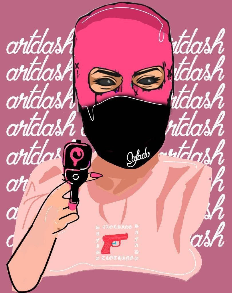 Black Ski Mask 桌布 壁紙 — 一個風格化的插圖，描繪一個人戴著粉紅色巴拉克拉瓦頭套和黑色面具，在帶有重複文字的洋紅色背景前拿著粉紅色玩具槍。