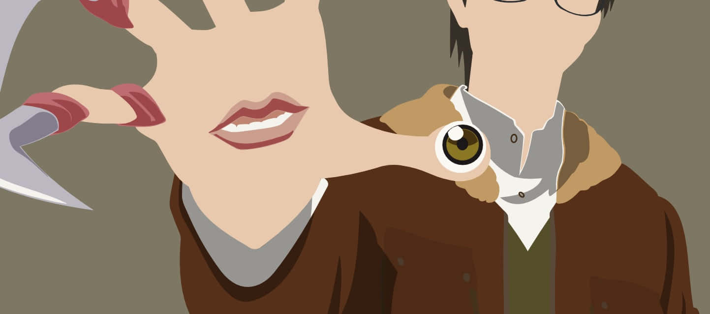 Parasyte 桌布 壁紙 — 一個風格化的插圖，描繪一個人拿著刀，而另一個人的眼睛從他們的衣領中窺視。