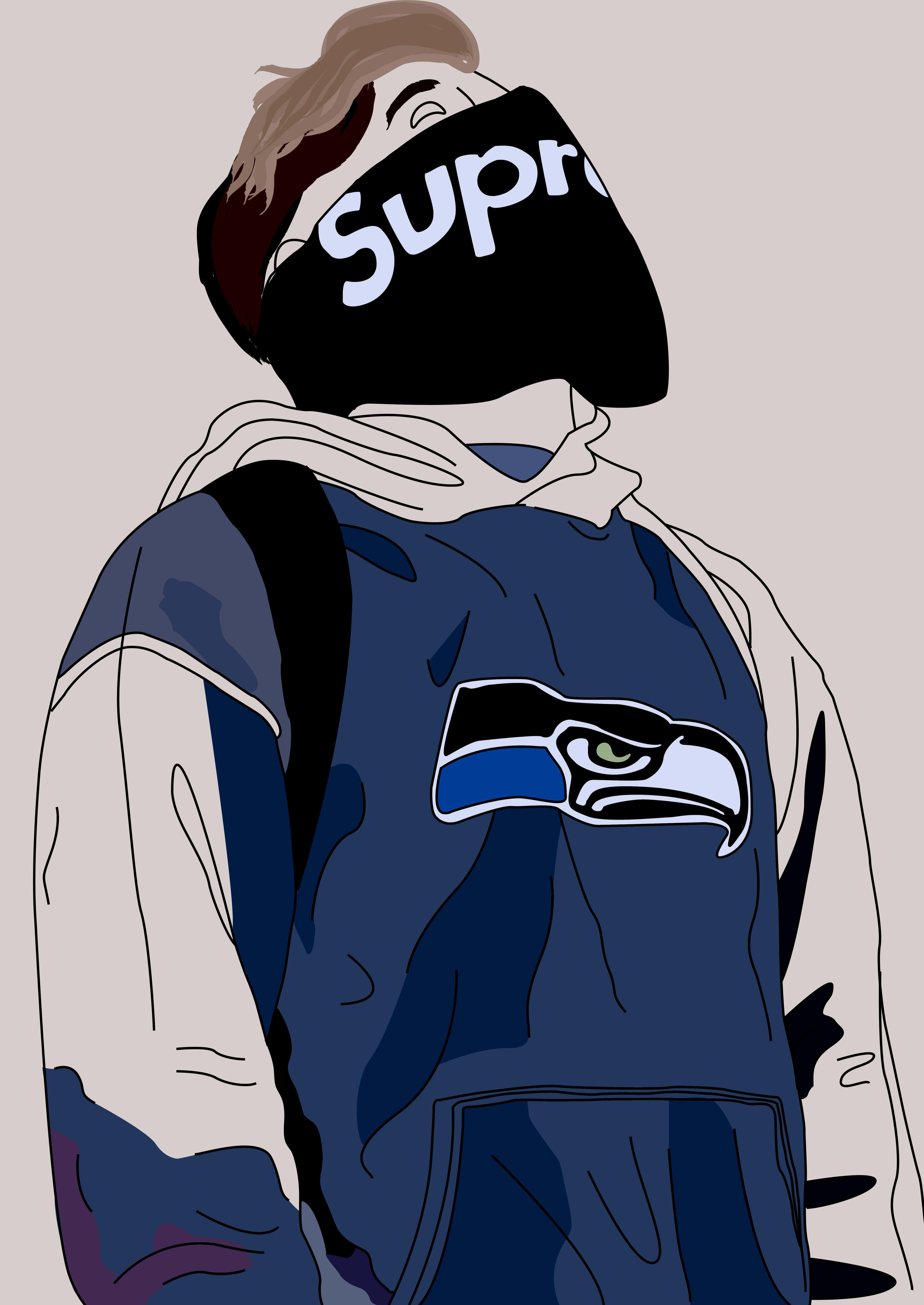 Supreme Cartoon 桌布 壁紙 — 一個風格化的插圖，描繪一個人穿著西雅圖海鷹隊連帽衫和黑色Supreme口罩，從背後觀看。