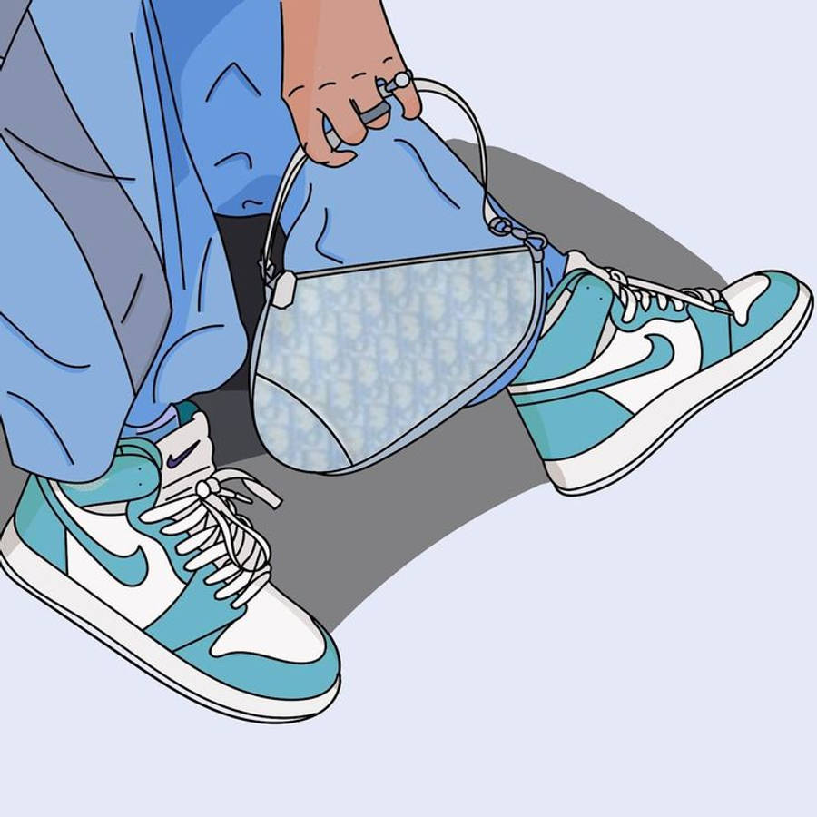 Nike Cartoon 桌布 壁紙 — 一個風格化的插圖，描繪一個人穿著藍色牛仔褲和淺藍色Nike運動鞋，同時拿著一個相配圖案的手提包。