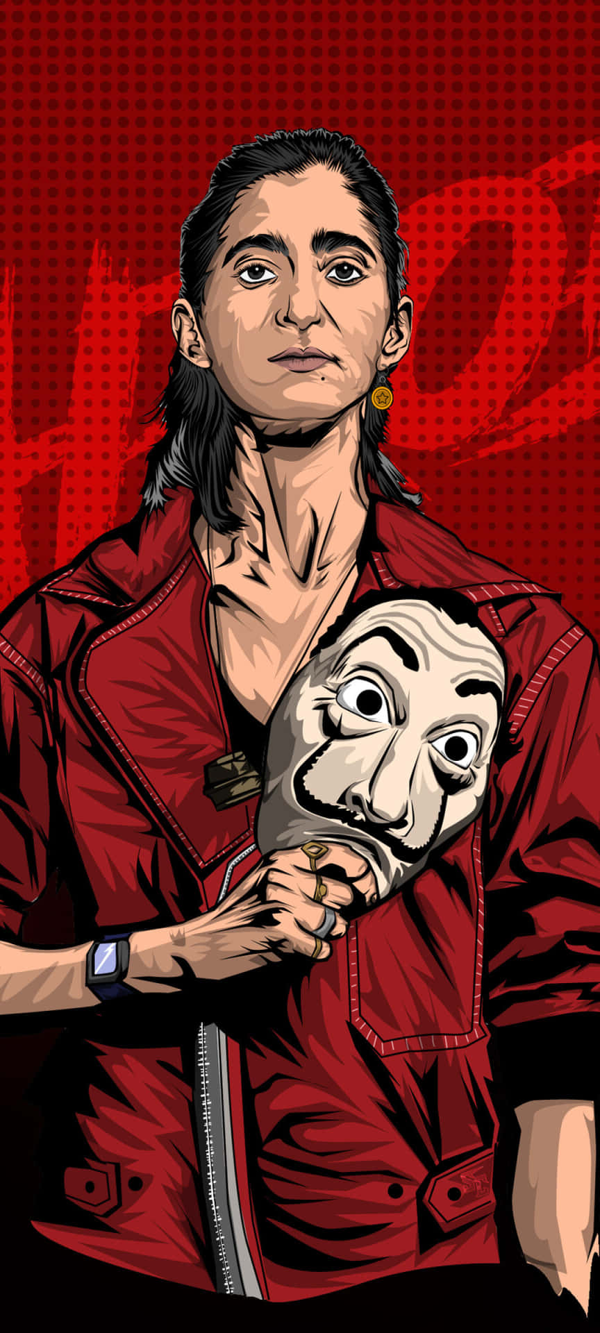 Money Heist Mask 桌布 壁紙 — 一個風格化的插圖，描繪一個人穿著紅色外套，在紅色半色調背景前拿著達利面具。