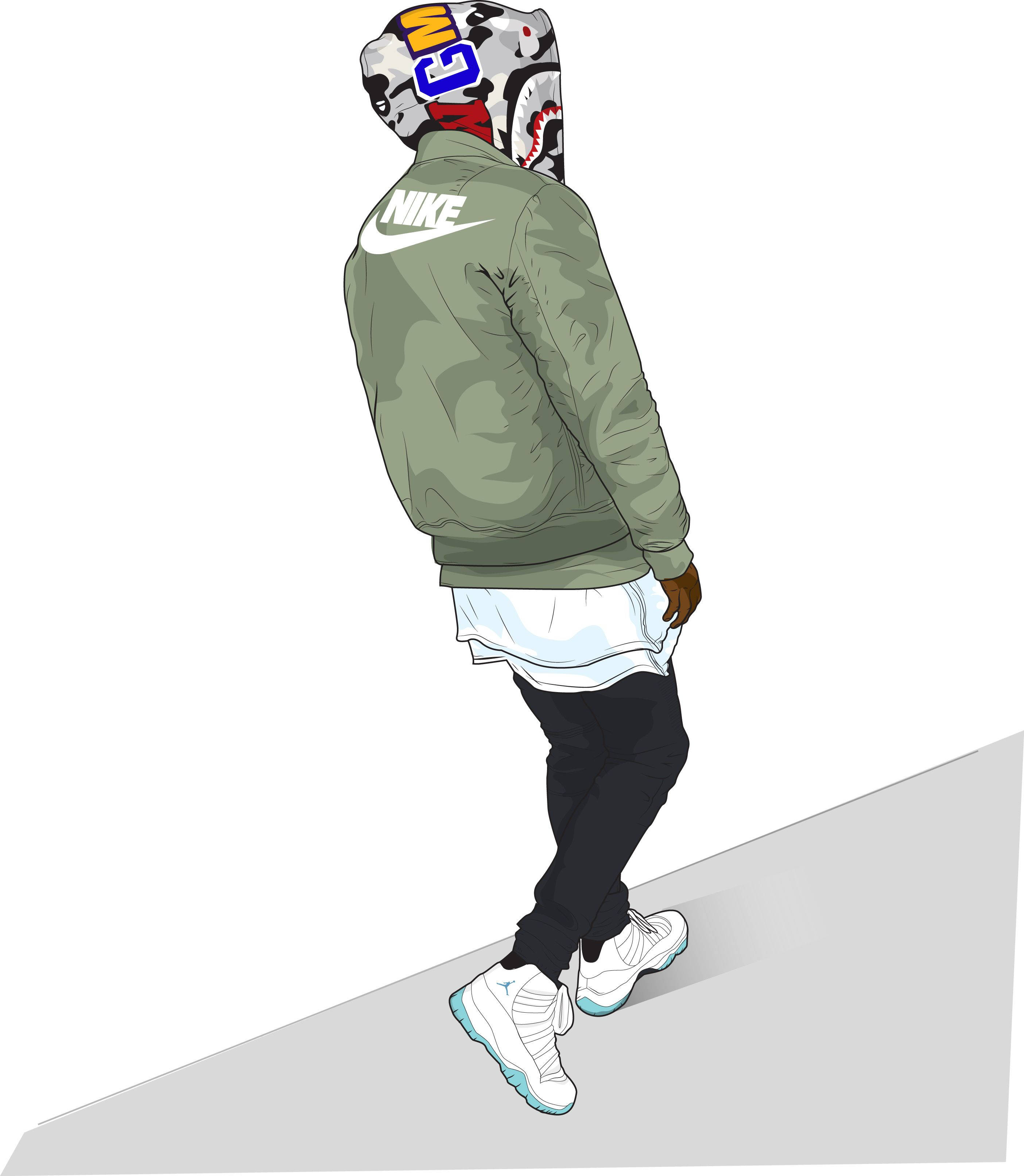 Nike Cartoon 桌布 壁紙 — 一個風格化的插圖，描繪一個人穿著綠色Nike外套和圖案連帽衫，在傾斜的灰色平面上行走，背景為白色。