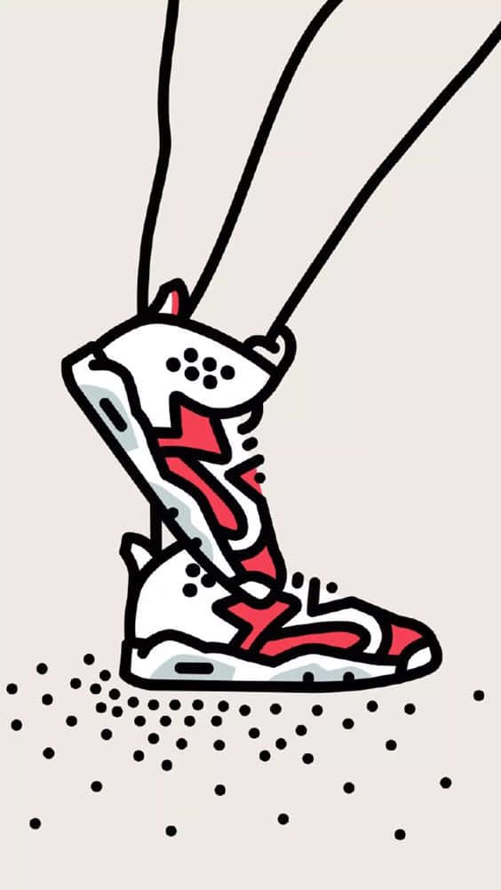 Sneaker 桌布 壁紙 — 一個風格化的插圖，描繪一個人穿著紅白運動鞋的雙腿，帶有黑色輪廓和點狀地面。