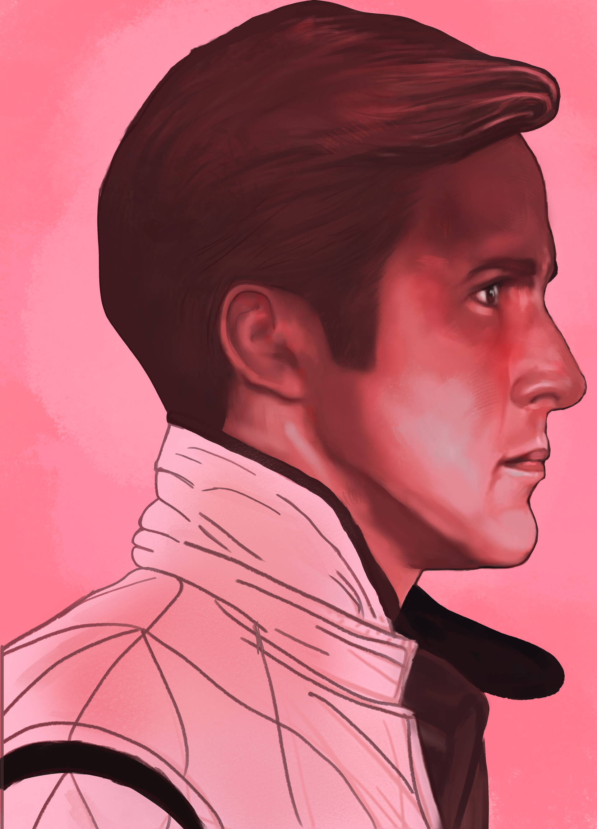 Ryan Gosling 桌布 壁紙 — 一個風格化的插圖，描繪一個側面男子，背景為純粉色，帶柔和燈光。