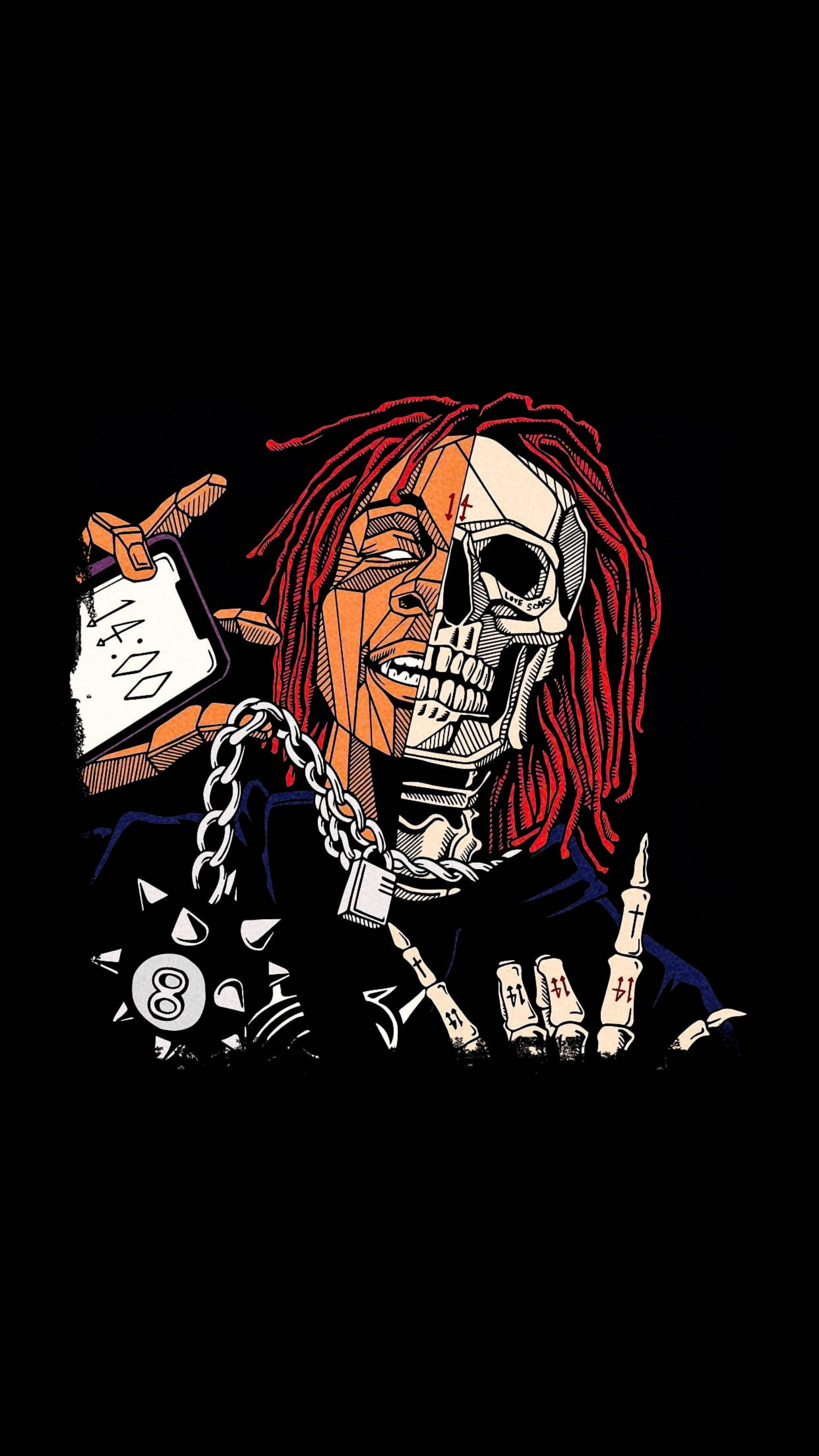 redd 桌布 壁紙 — 一個風格化的插圖，描繪一個半骷髏半人類的人物，紅色辮子，手持鏈條和紙牌，背景為黑色。