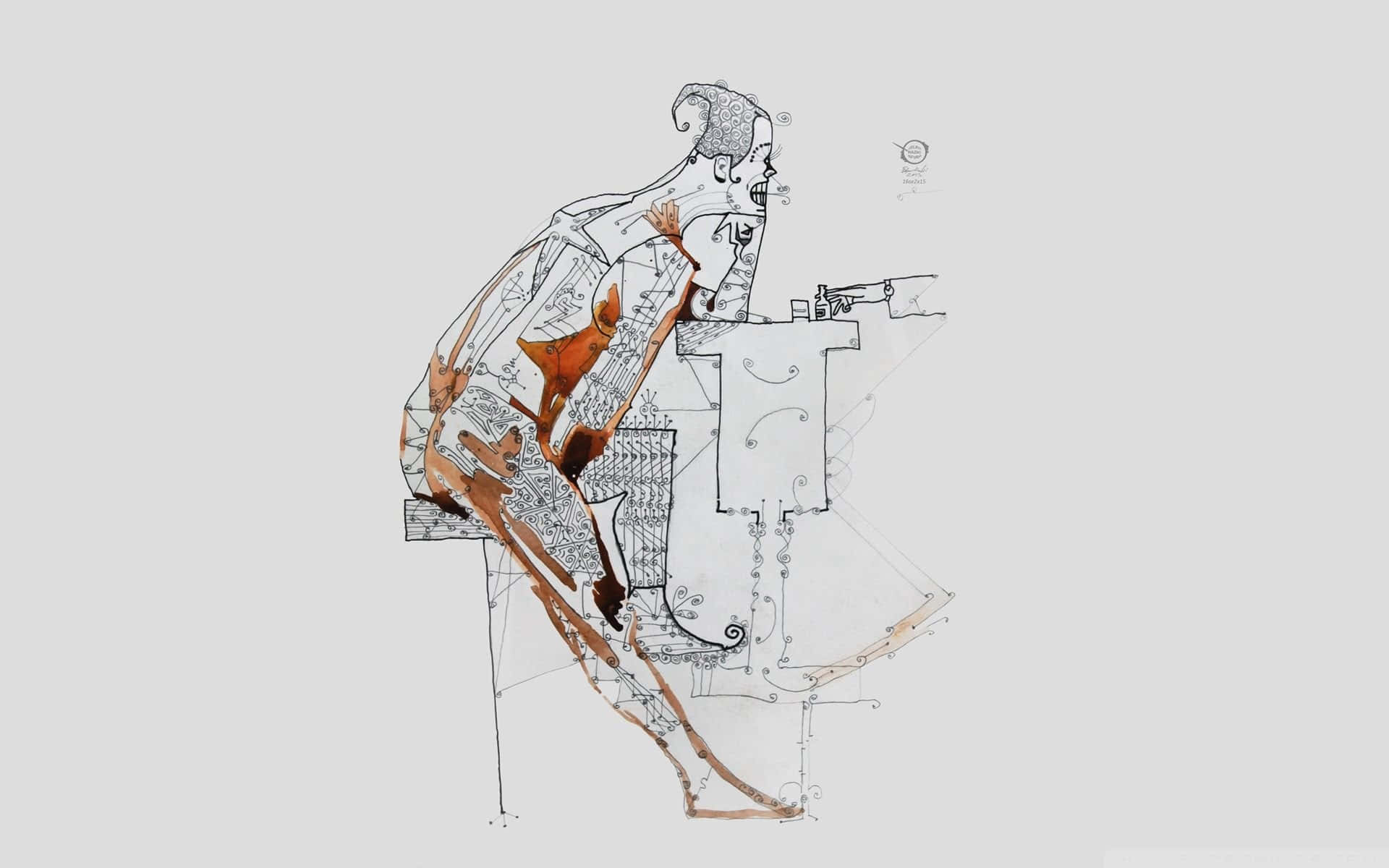 Sketches 桌布 壁紙 — 一個風格化的插圖，描繪一個坐著的人物，帶有複雜的線條藝術和橙色點綴，背景為純灰色。