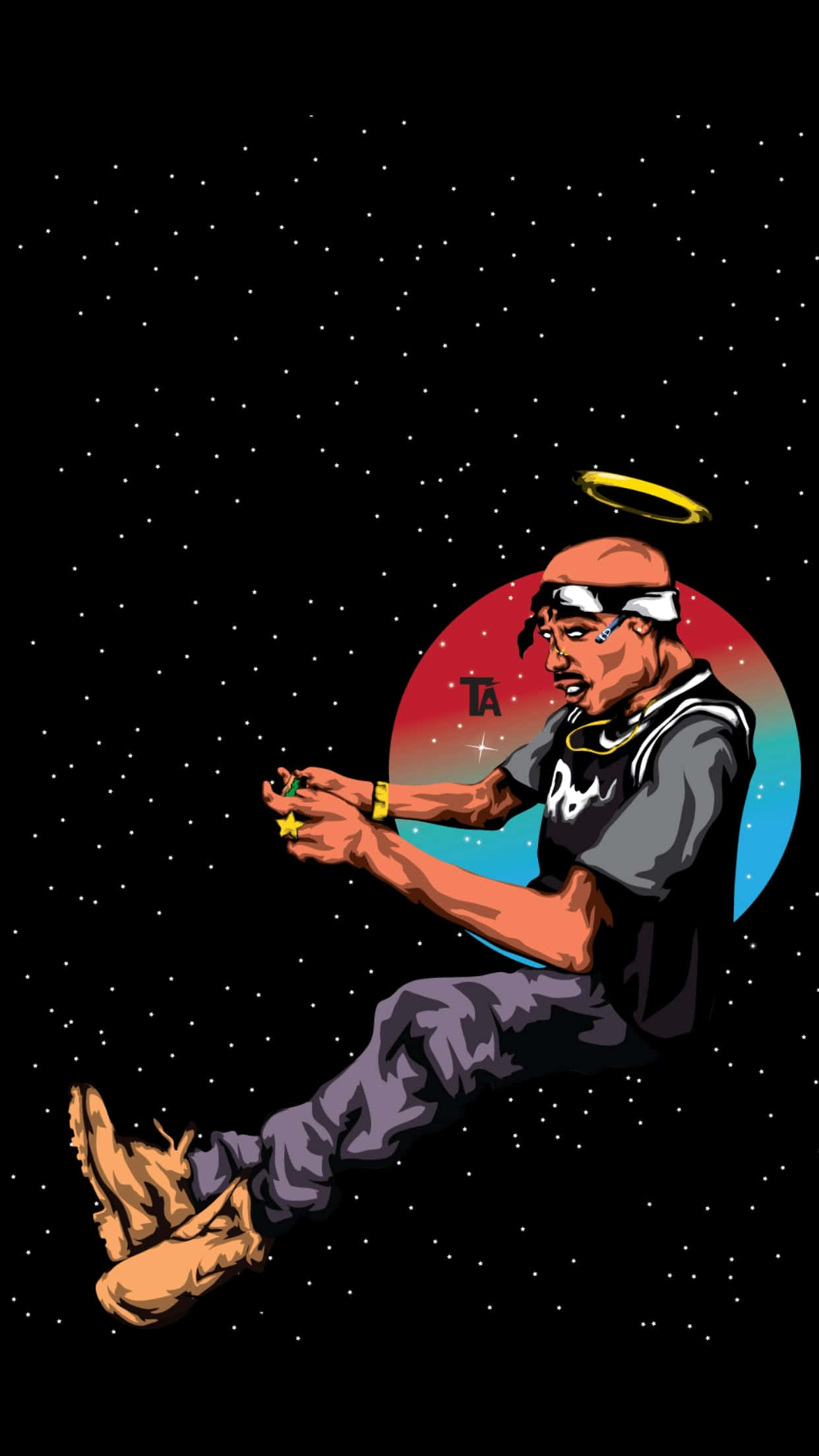 Aesthetic Rapper 桌布 壁紙 — 一個風格化的插圖，描繪一個帶有光環的男人漂浮在太空中，在繁星點點的黑色背景上握著一顆星星。