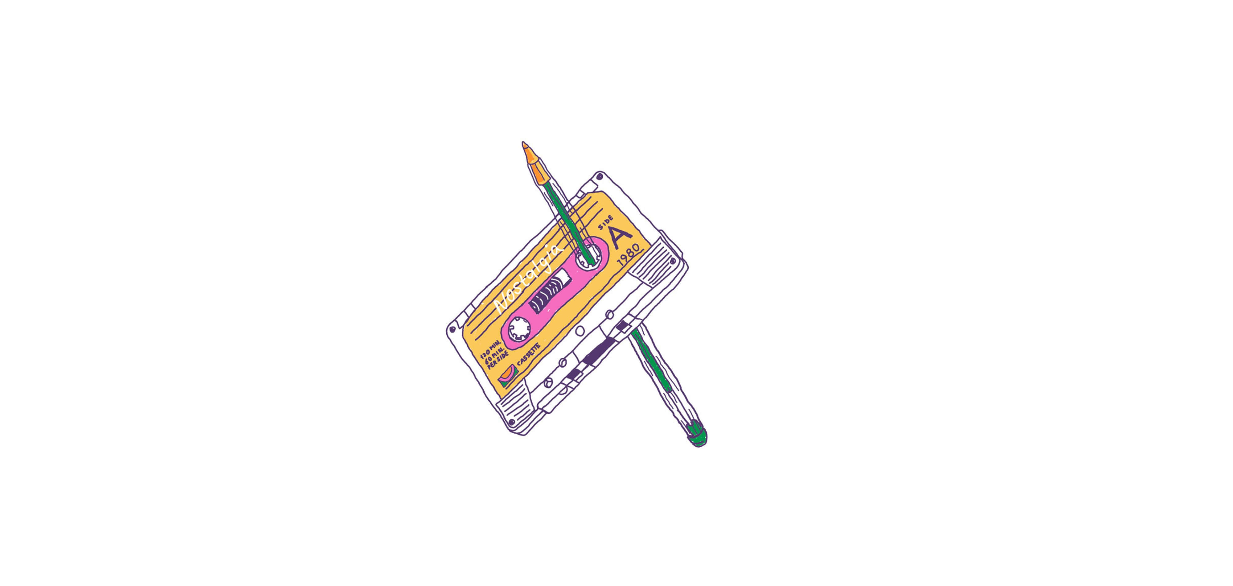 Minimalist Vintage 桌布 壁紙 — 一個風格化的插圖，描繪一個復古卡式錄音帶，上面放著一支畫筆，背景是純白色。