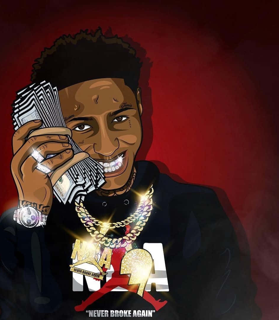 Ynw Melly Cartoon 桌布 壁紙 — 一個風格化的插圖，描繪一個微笑的男人在深紅色背景上拿著一疊疊現金。