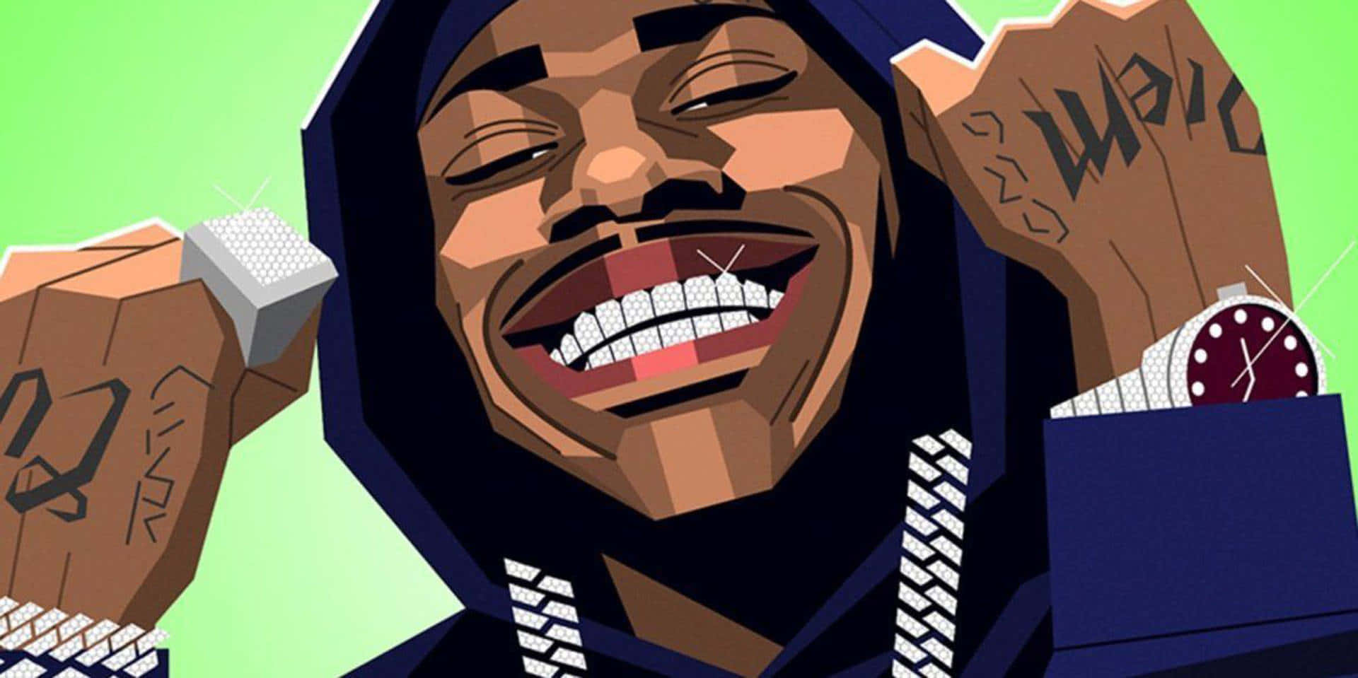 Dababy Cartoon 桌布 壁紙 — 一個風格化的插圖，描繪一個微笑的男人穿著連帽衫，手持手錶和金錢，手上有刺青。