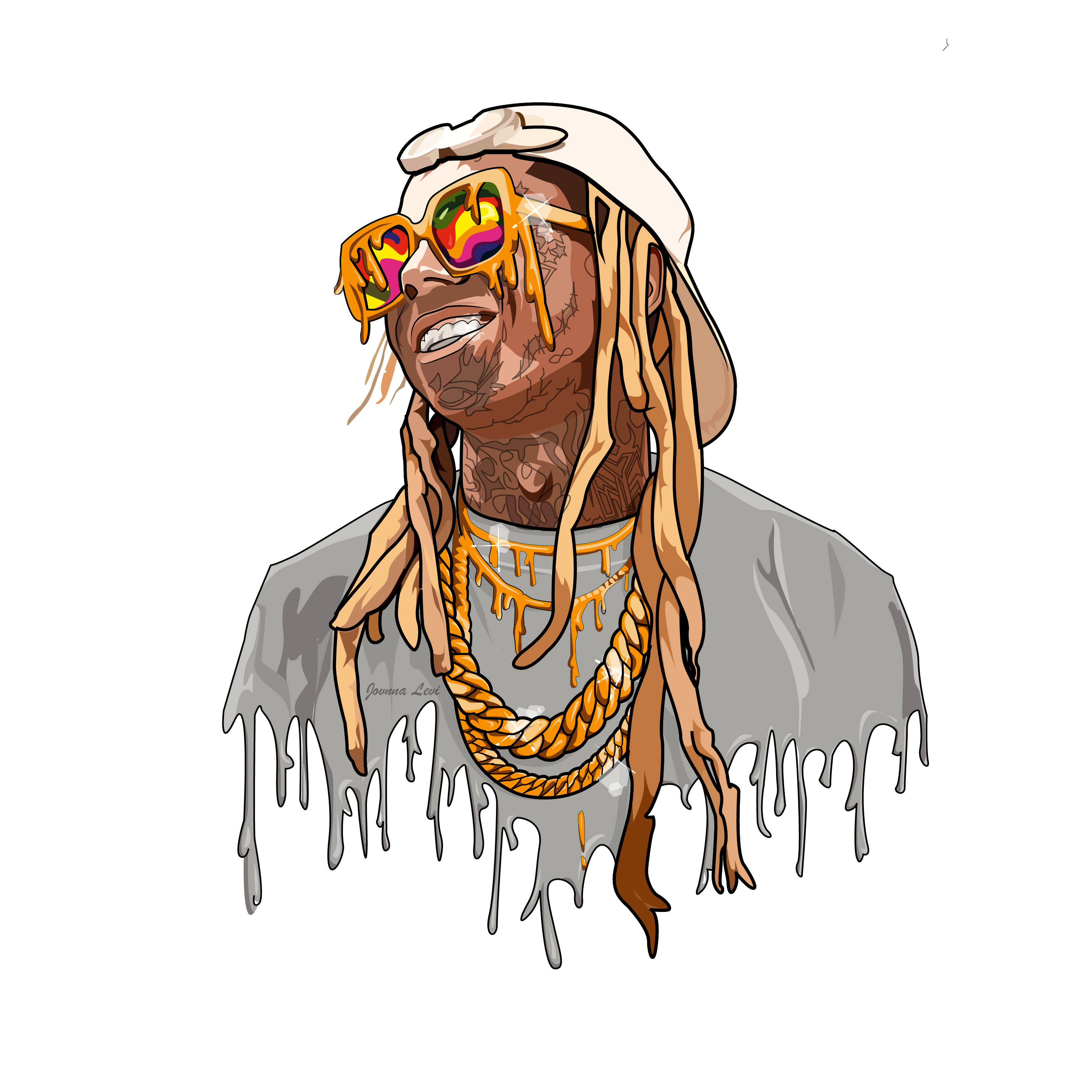 Lil Wayne 桌布 壁紙 — 一個風格化的插圖，描繪一個微笑的辮子男人，戴著彩虹太陽眼鏡和滴落的金鏈，背景為白色。