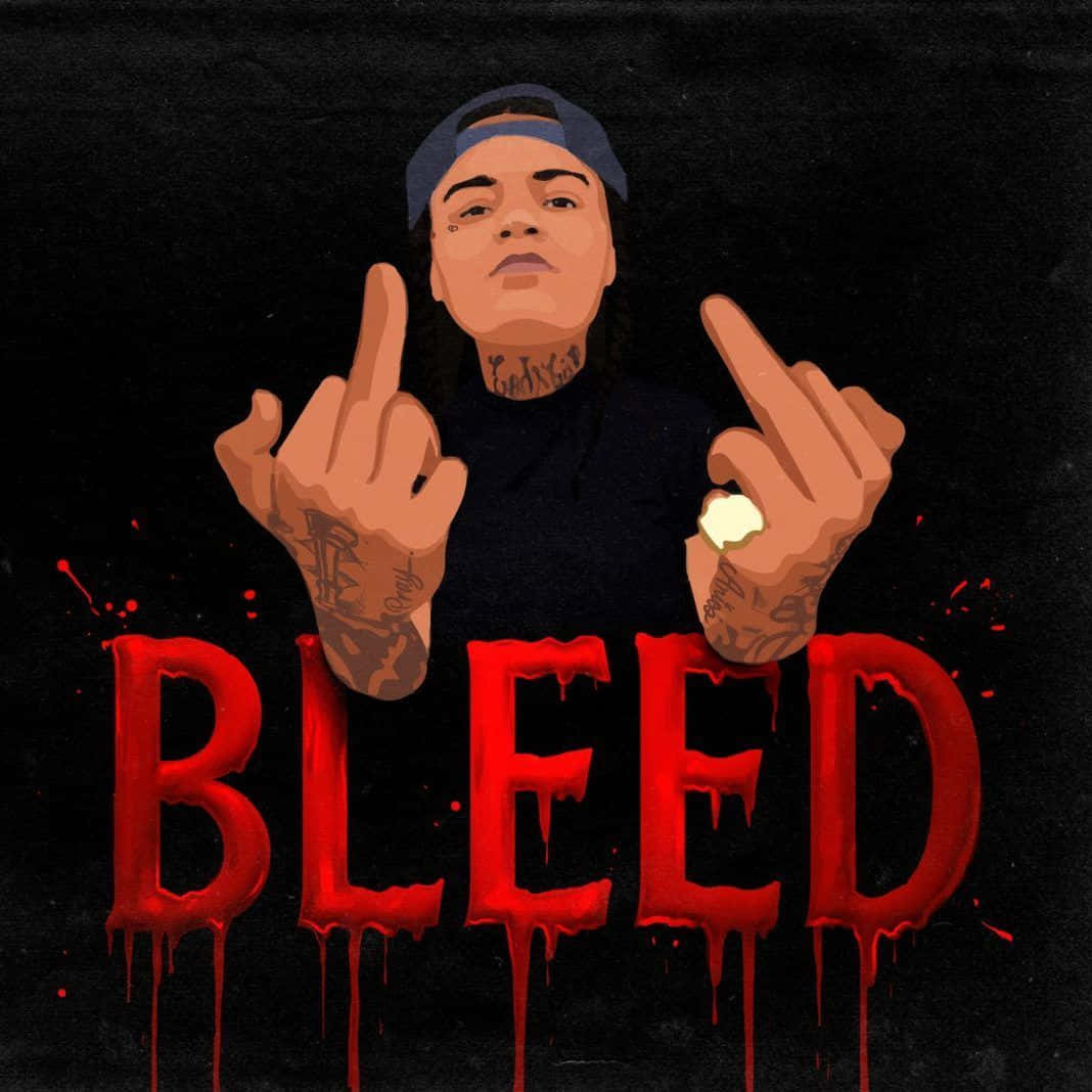 Young Ma 桌布 壁紙 — 一個風格化的插圖，描繪一個戴帽子的刺青人士在黑色背景上做出粗魯手勢，並有滴落的紅色「BLEED」文字。