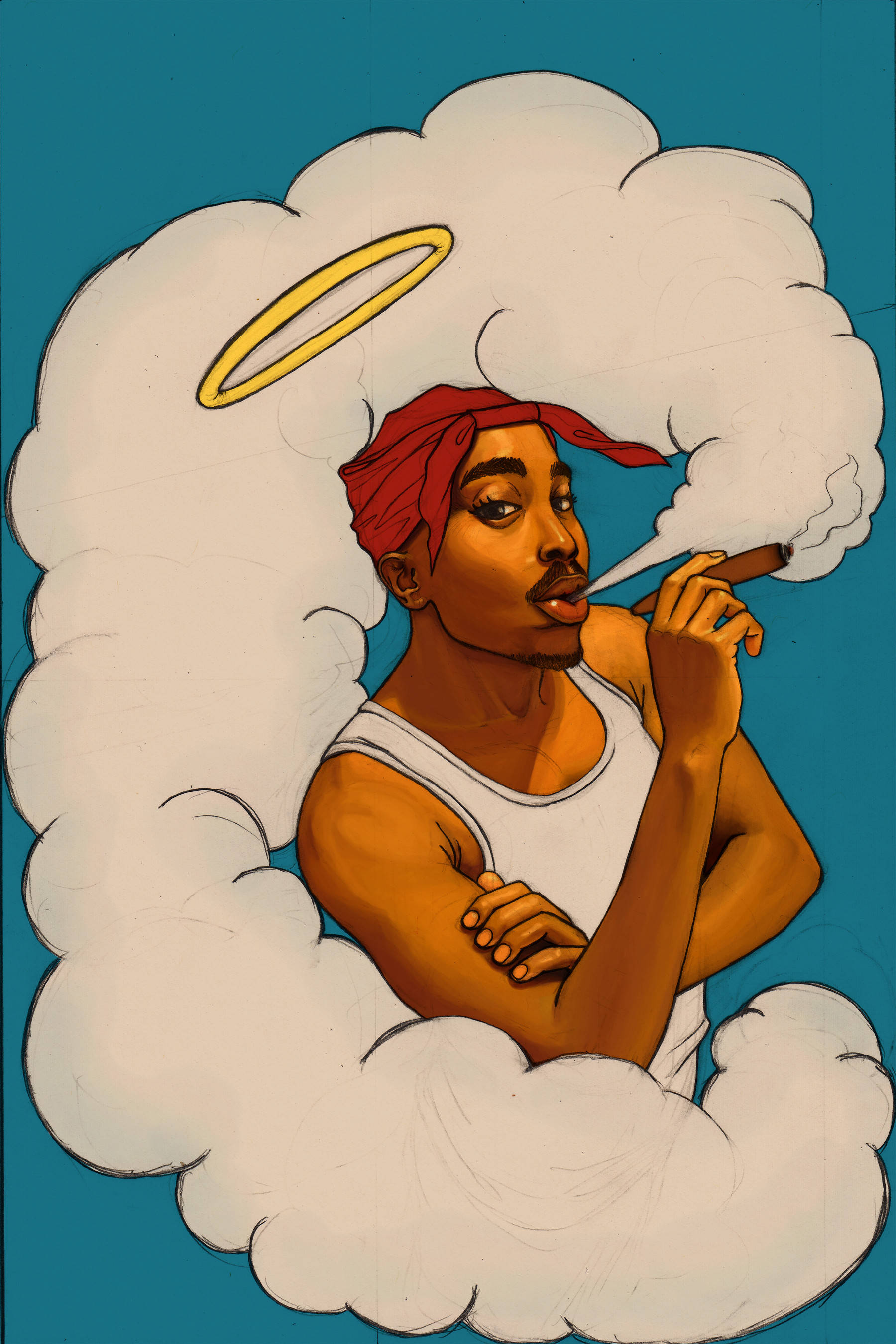 tupac 桌布 壁紙 — 一個風格化的插圖，描繪一個戴紅色頭巾、穿白色背心的男人，坐在雲上抽雪茄，頭上有金色光環，背景是青綠色。
