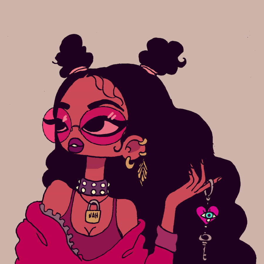 black cartoon girl 桌布 壁紙 — 一個風格化的插圖，描繪一個戴著粉紅色眼鏡和雙馬尾的女孩，手持一個帶有眼睛吊飾的心形鑰匙圈。