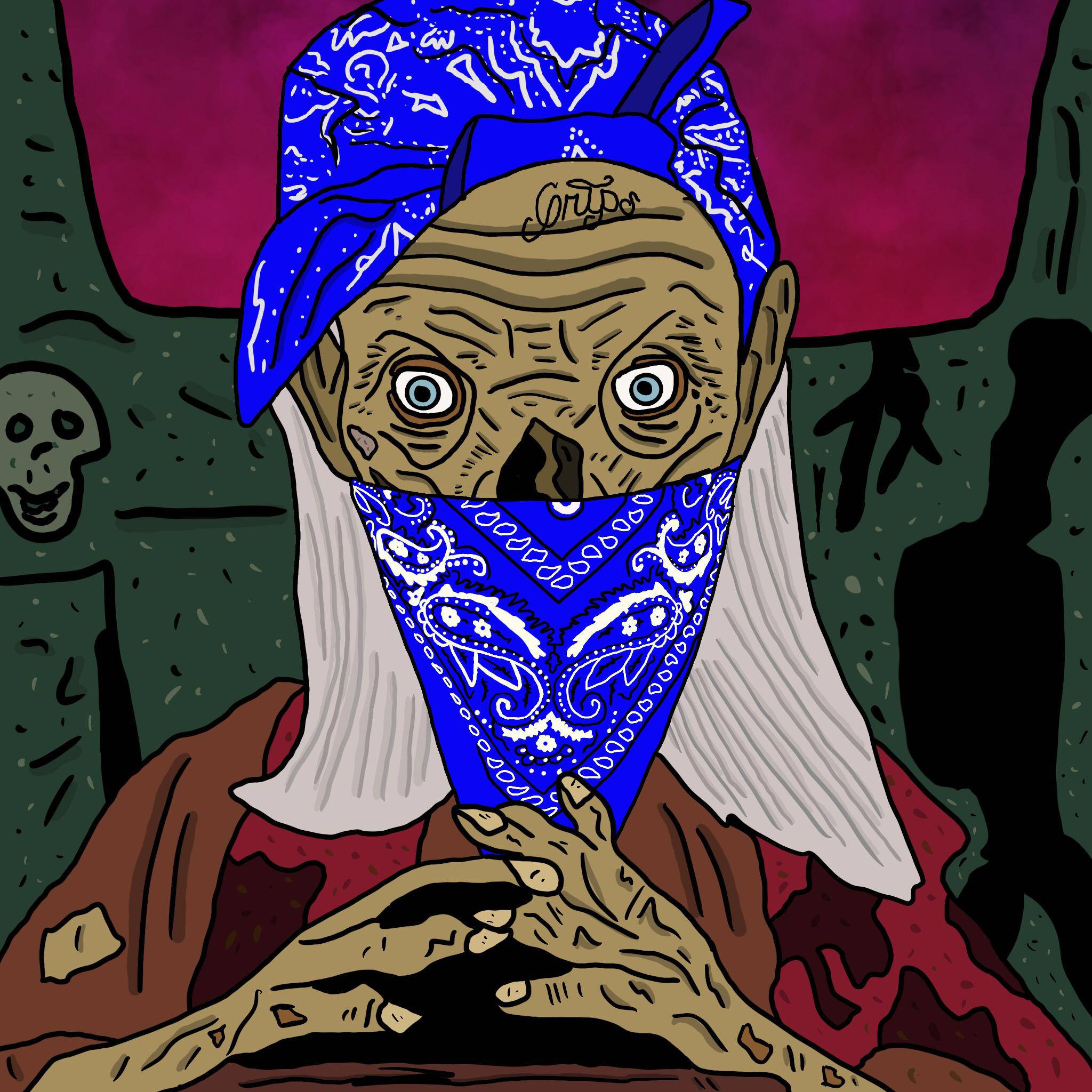 Crip 桌布 壁紙 — 一個風格化的插圖，描繪一個戴著藍色頭巾、眼睛大大的骷髏人物，坐在陰暗詭異的背景前。
