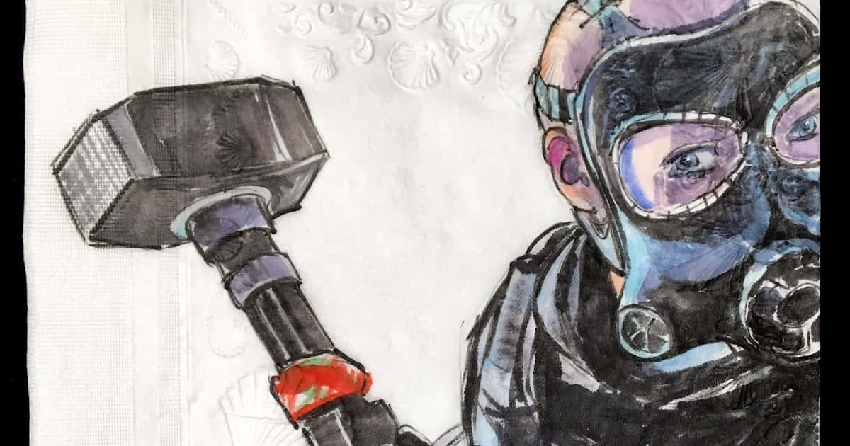 Rainbow Six Siege Sledge 桌布 壁紙 — 一個風格化的插圖，描繪一個戴面具的角色，手持紅色握把的錘子，背景為有紋理的白色。